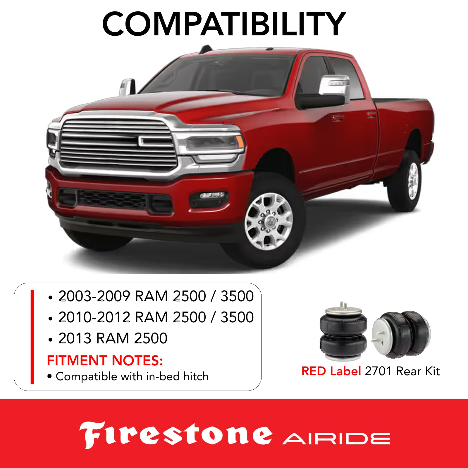 Firestone 2701 Airide Red Label Rear Springs Kit fits 2010-2012 Ram 2500 3500 | 5-150 PSI | No Drill Installation | Load Capacity of 7,500 Pounds