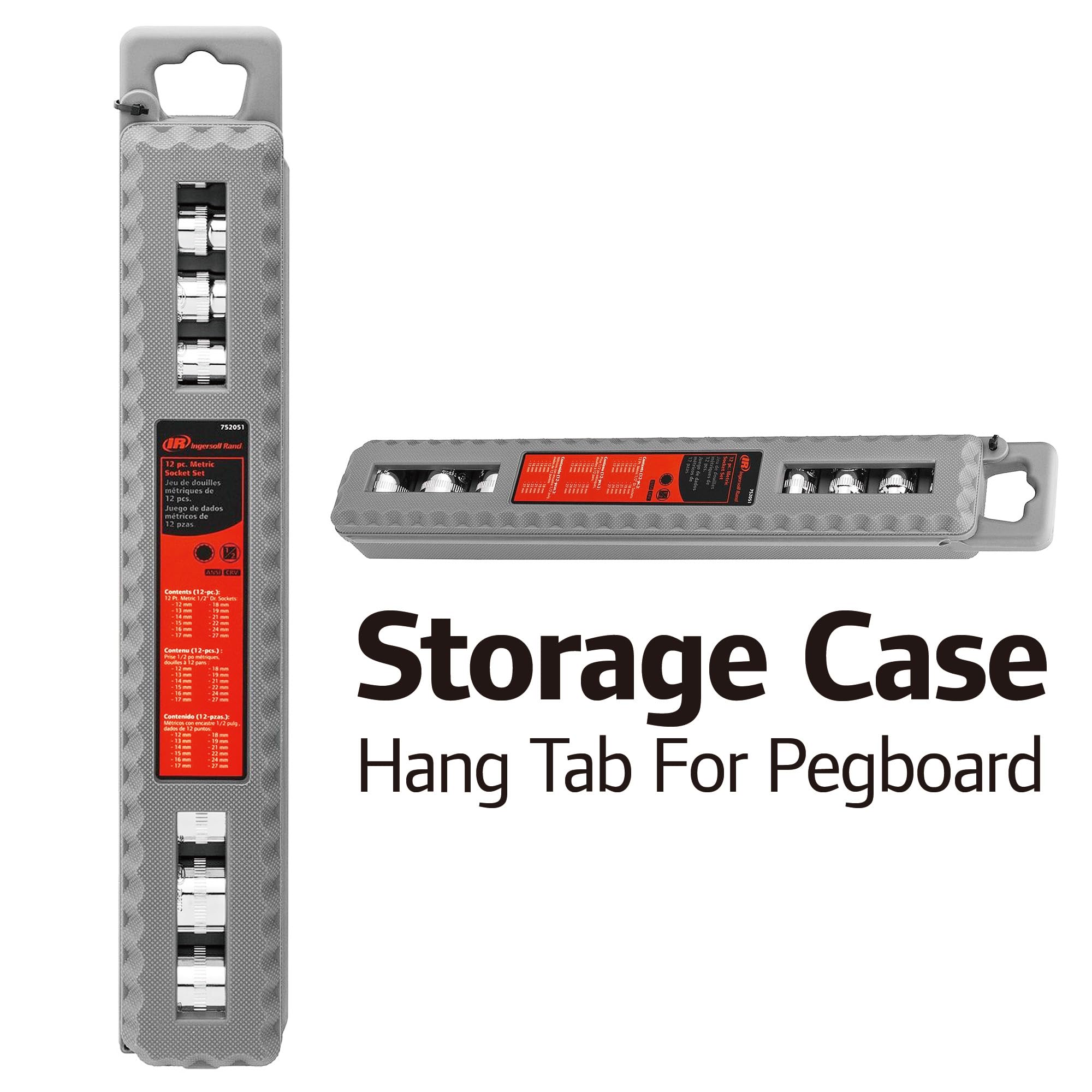 Ingersoll Rand 1/2" Drive Metric Shallow Socket Set, 12-Point, Chrome Vanadium Steel, 12–27mm with Storage Case – 752051 12 Pc.
