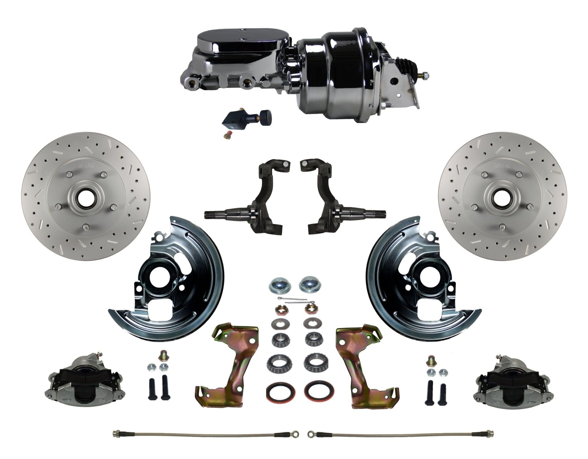 Power Front Disc Brake Conversion Kit LEED BRAKES Cross Drilled And Slotted Rotors With 7" Dual Chrome Booster Flat Top Chrome M/C Adjustable Proportioning Valve
