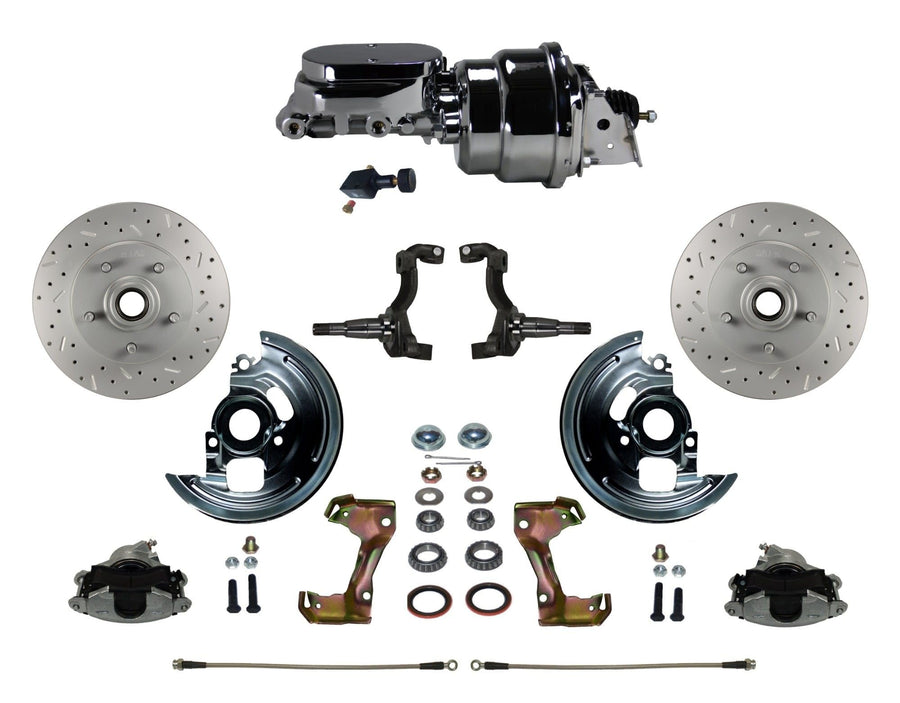 Power Front Disc Brake Conversion Kit LEED BRAKES Cross Drilled And Slotted Rotors With 7" Dual Chrome Booster Flat Top Chrome M/C Adjustable Proportioning Valve