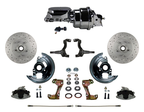 Power Front Disc Brake Conversion Kit LEED BRAKES Cross Drilled And Slotted Rotors With 7" Dual Chrome Booster Flat Top Chrome M/C Adjustable Proportioning Valve