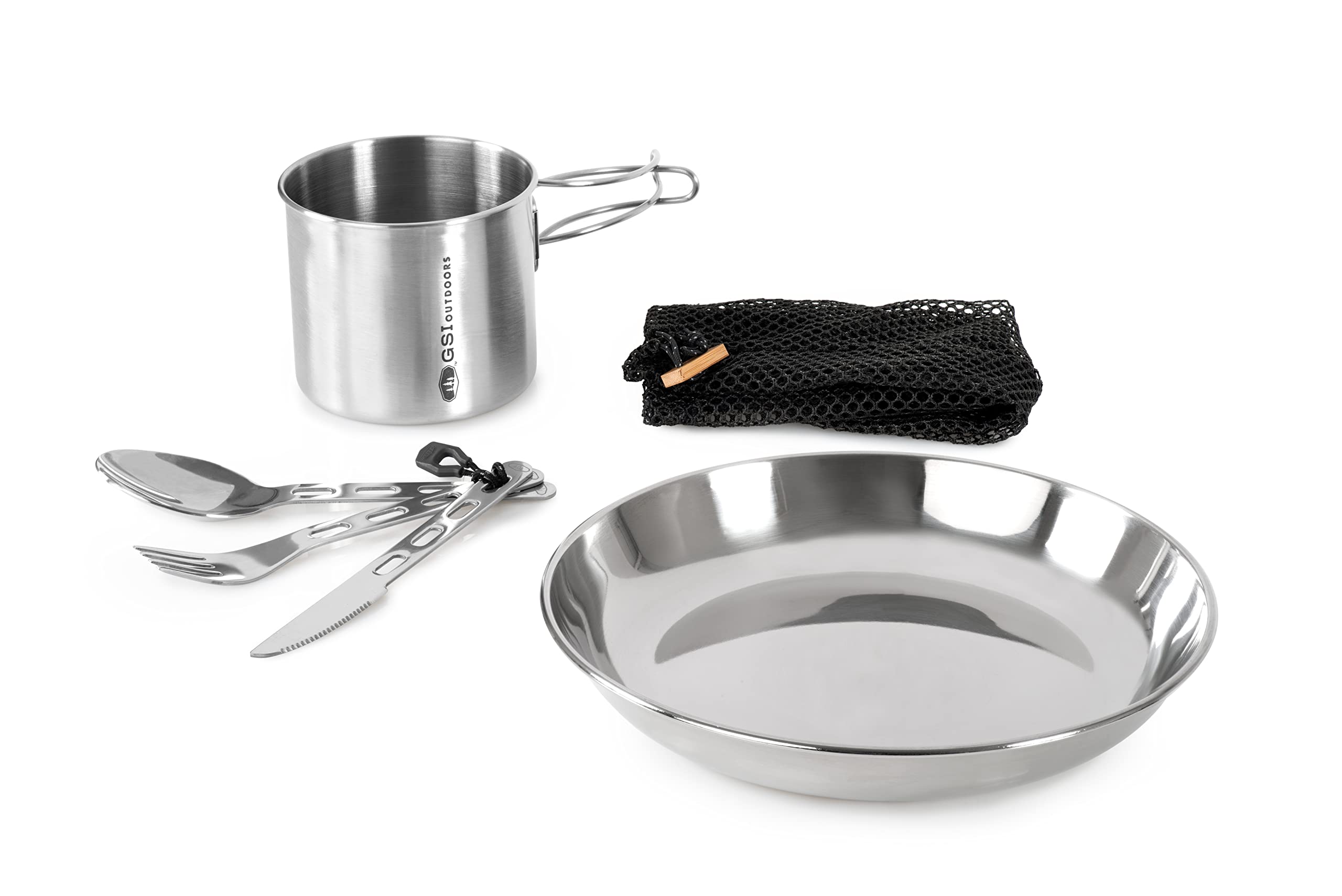 GSI Outdoors 1 Person Glacier Stainless Set | 20 oz Bottle Cup | 8.5 in Plate | 3 pc Cutlery