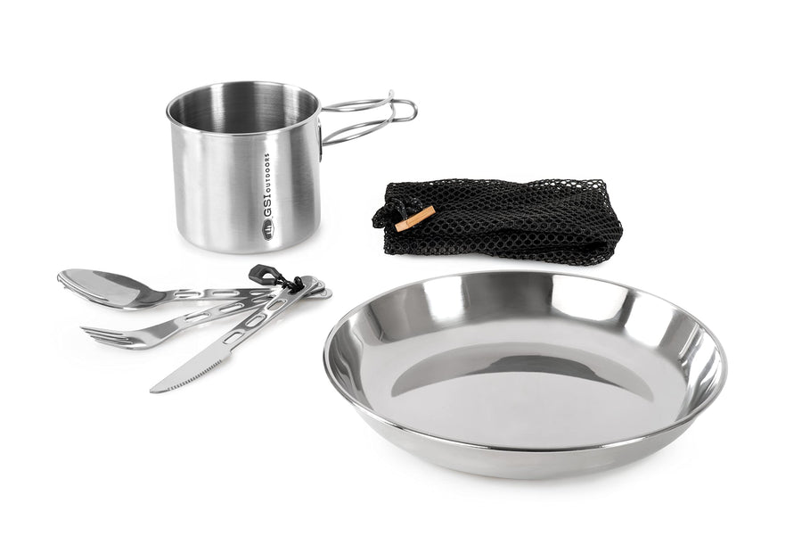 GSI Outdoors 1 Person Glacier Stainless Set | 20 oz Bottle Cup | 8.5 in Plate | 3 pc Cutlery