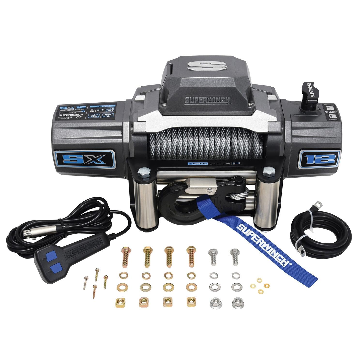12V DC Superwinch SX12 Waterproof Recovery Winch 12,000lb/5,443kg Single Line Pull with Roller Fairlead 3/8in x 85ft Steel Wire Rope Corded Handheld Remote No-Bind Clutch