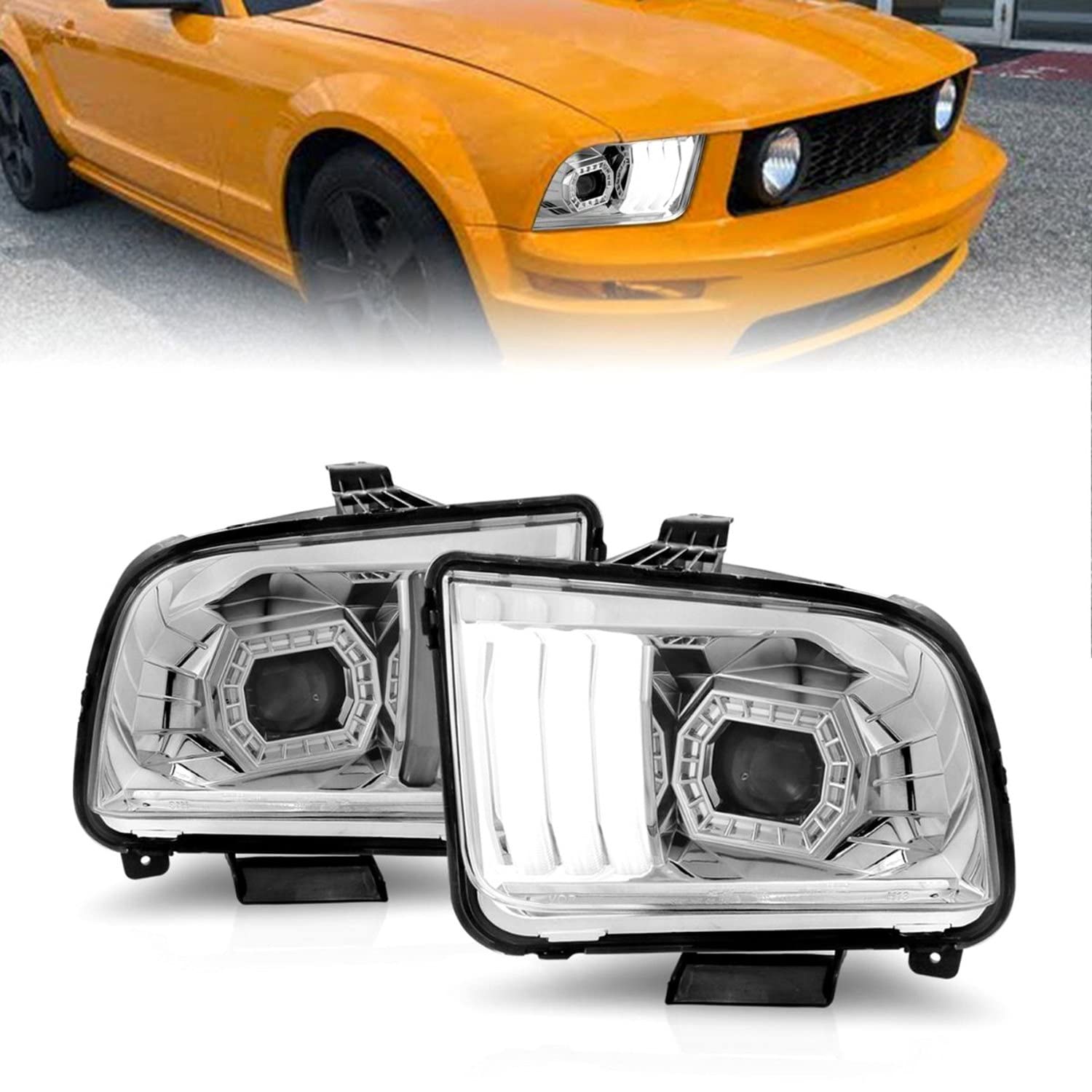05-09 Ford Mustang ANZO (w/Factory Halogen HL Only) Projector Headlights w/Light Bar Chrome Housing (121567)