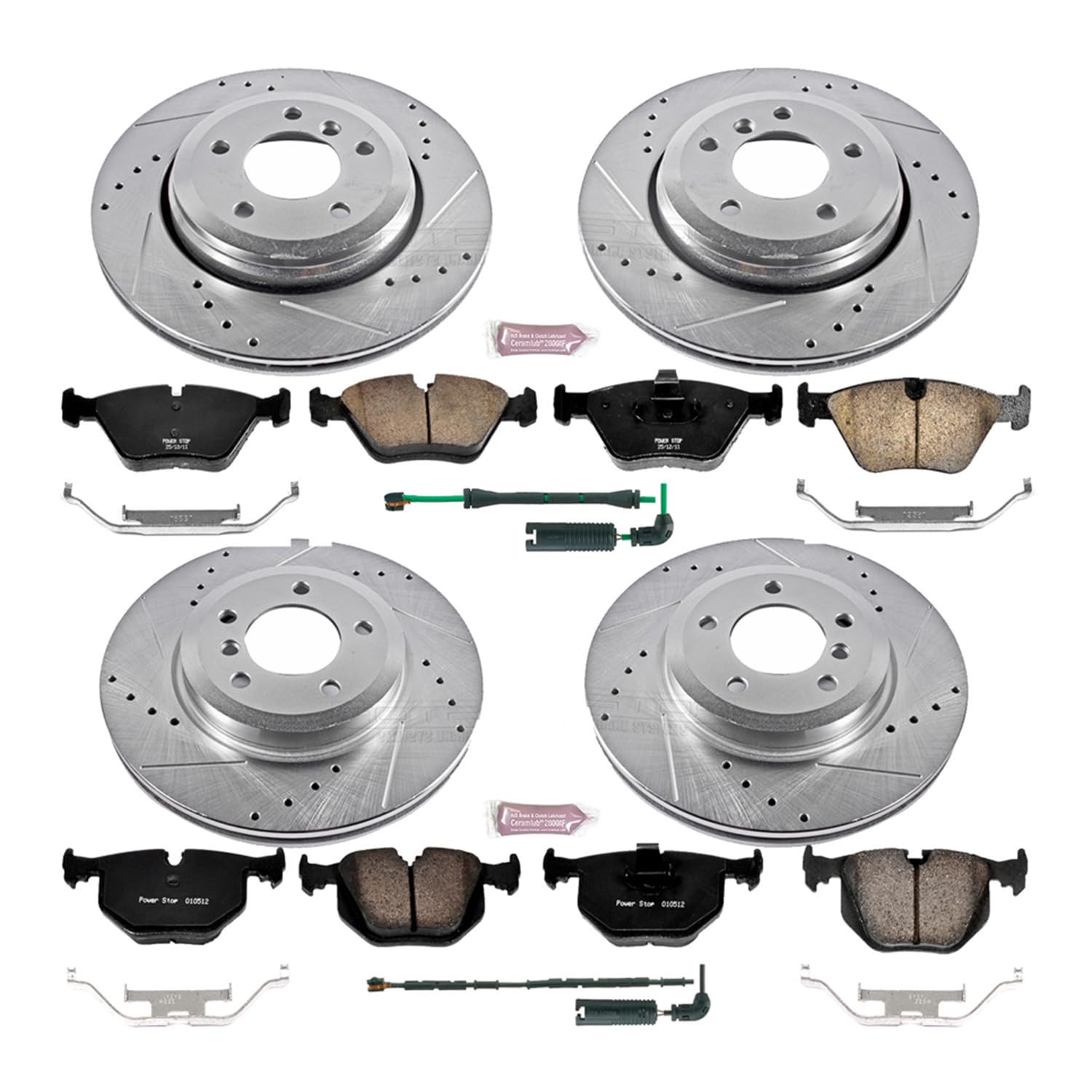 Power Stop K5728 Z23 Carbon Fiber Brake Pads Front and Rear with Drilled & Slotted Brake Rotors Kit and 1 Front & 1 Rear Sensor Wires For BMW 330Ci, BMW 330i, BMW 330xi [Model Specific]