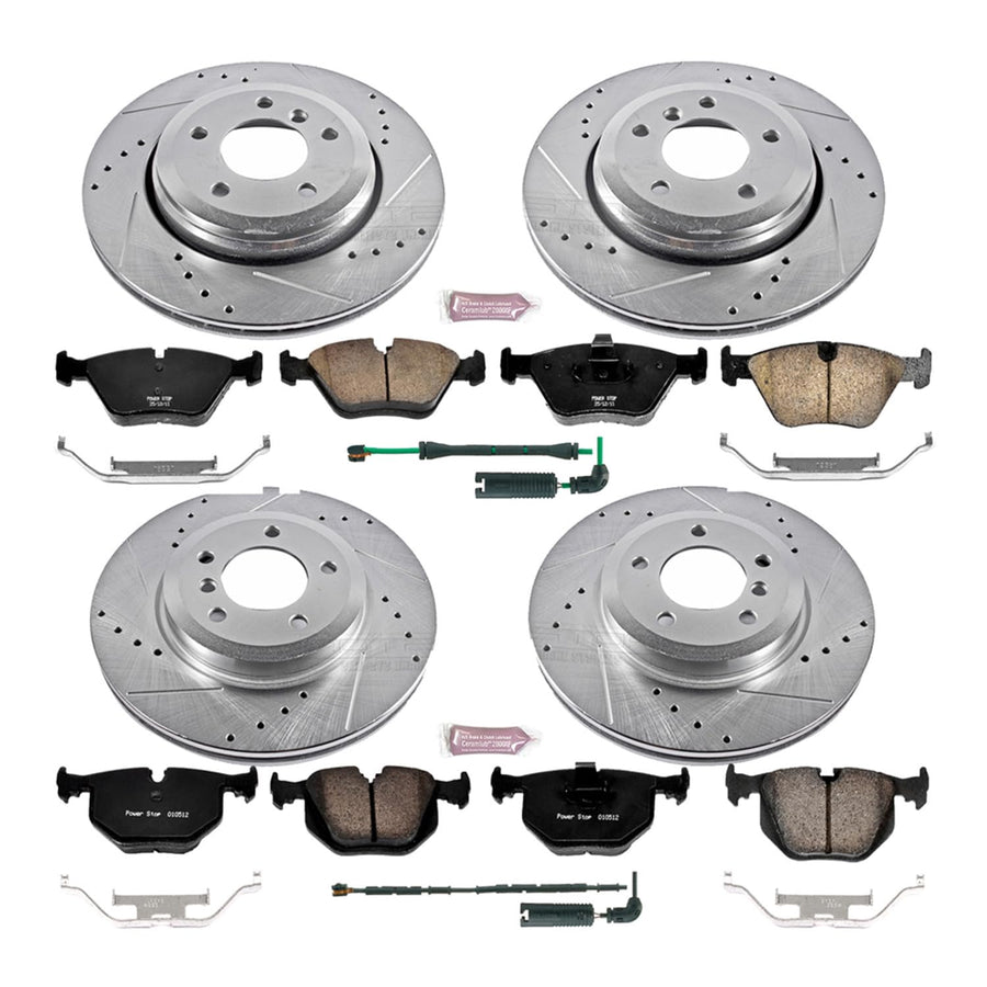 Power Stop K5728 Z23 Carbon Fiber Brake Pads Front and Rear with Drilled & Slotted Brake Rotors Kit and 1 Front & 1 Rear Sensor Wires For BMW 330Ci, BMW 330i, BMW 330xi [Model Specific]