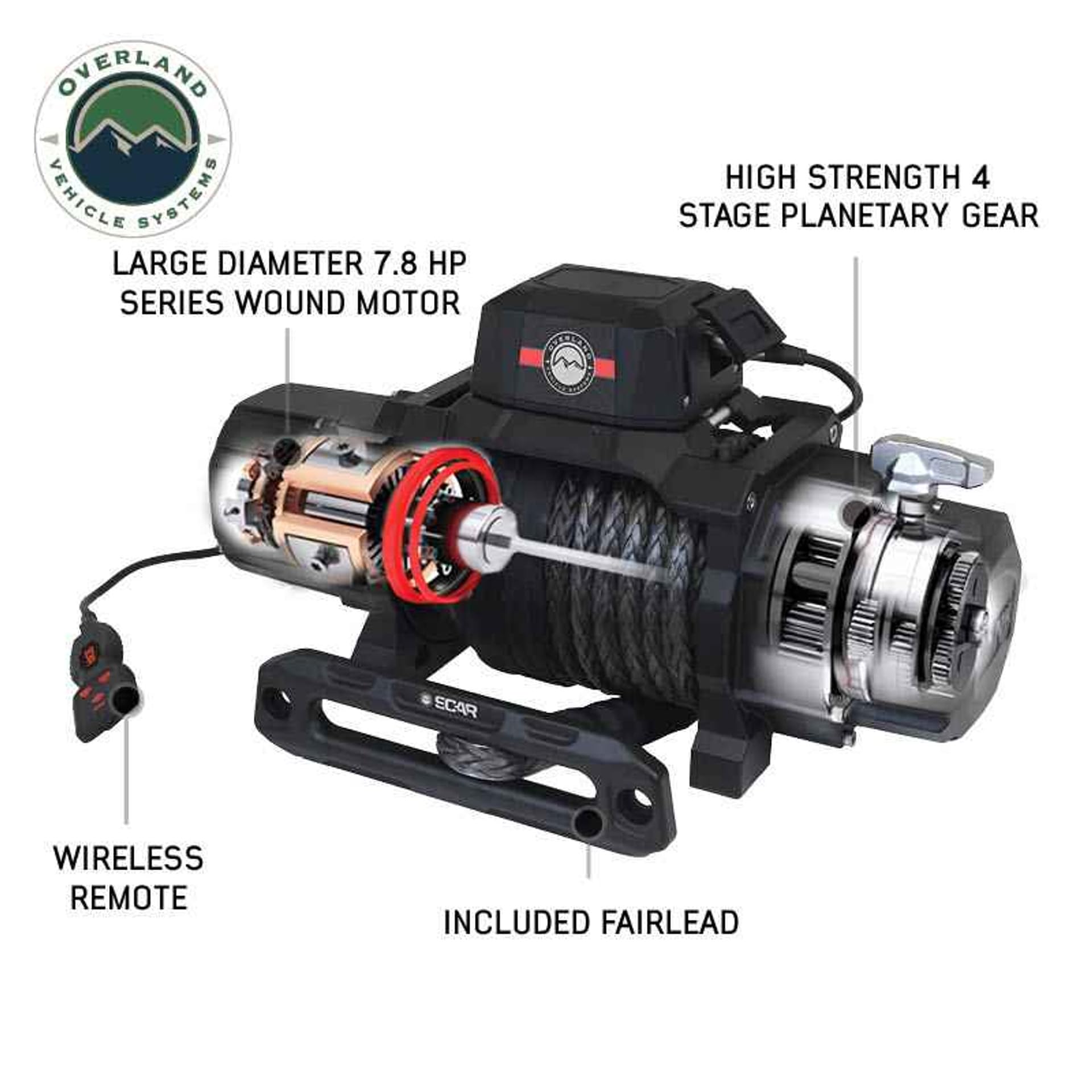 Scar 20P - Overland Vehicle Systems 20,000 lb. Winch with Synthetic Rope & Wireless Remote