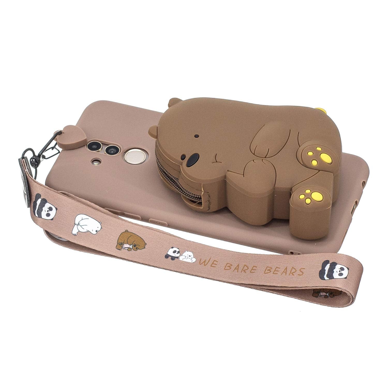 Gostyle CSF RADIATOR Wallet Case Compatible with Huawei Mate 20 Lite,Cute 3D Cartoon Animal Soft Silicone TPU Back Cover with Zipper Pocket and Neck Lanyard Strap Protective Cover,Brown Bear
