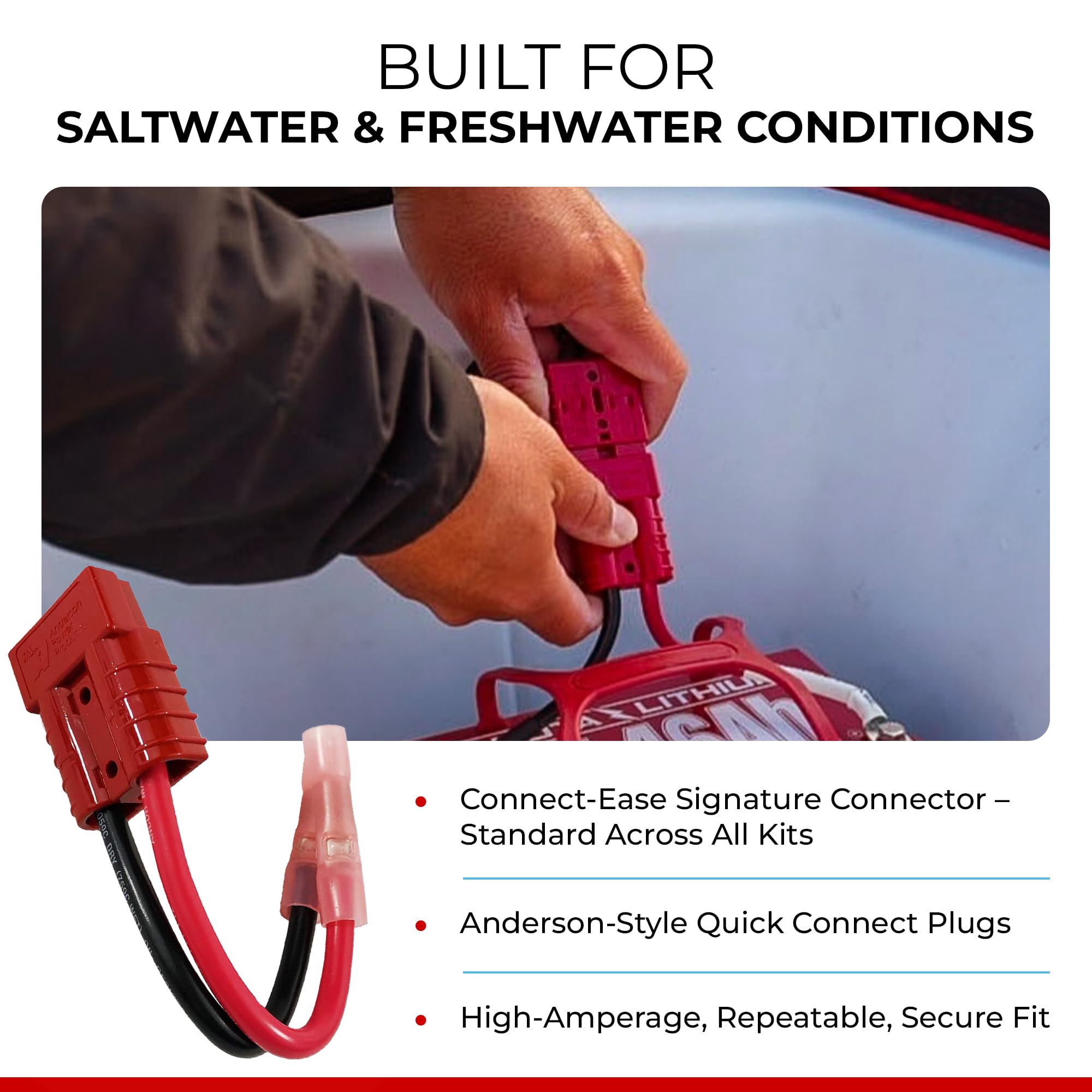 36V Connect-Ease Trolling Motor Quick Connect/Disconnect Kit RCE36VBK | Plug and Play Boat Wiring Kit for Three 12V Batteries in Series | 8 AWG Marine Grade Wire | Lithium Compatible