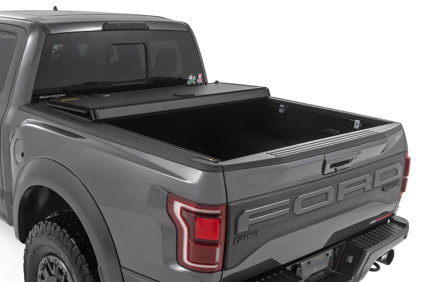 Rough Country Hard Tri-Fold Tonneau Cover for Ford F-150 (2021-26), Lightning (2022-26) - Aluminum Flip-Up Folding Bed Cover, Fits 5'7" (66.7") Bed