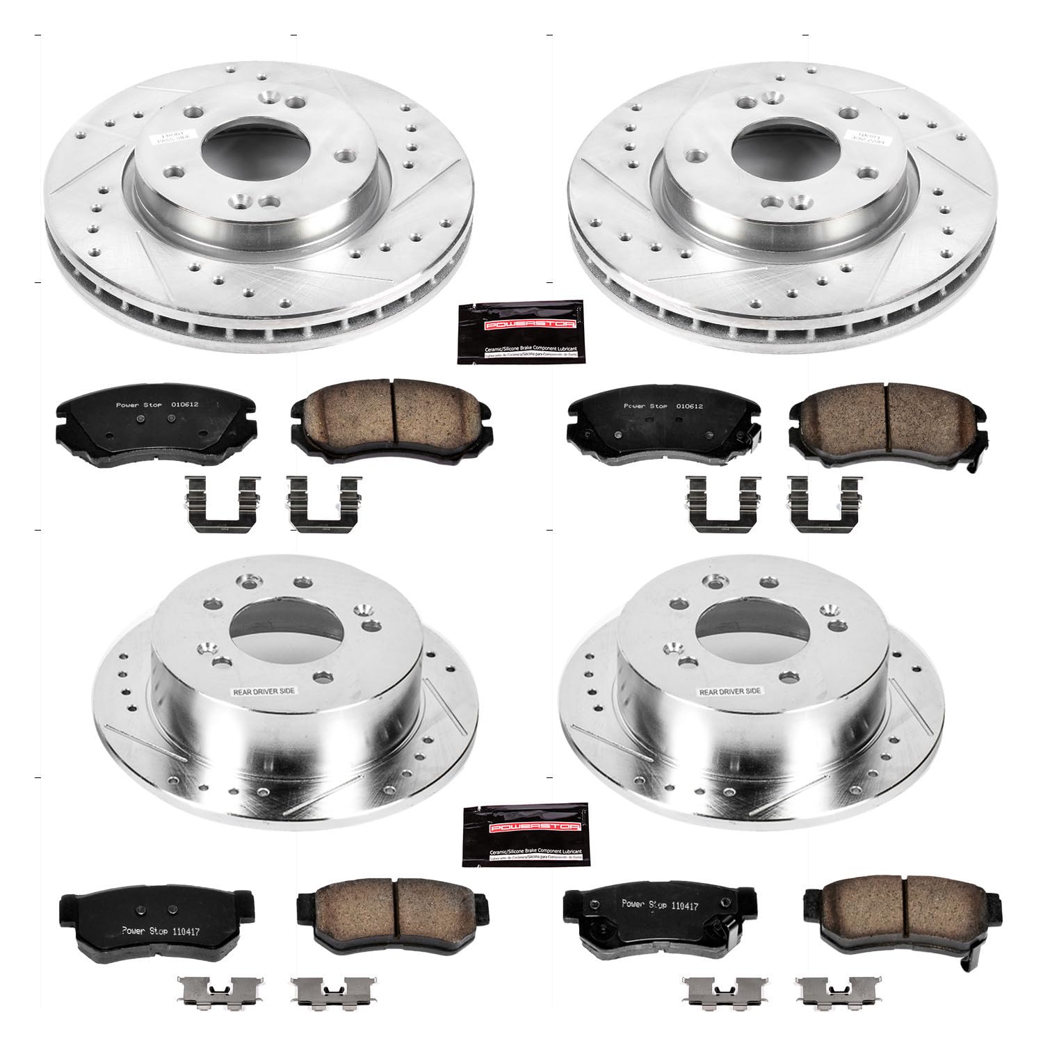 Power Stop K4442 Z23 Carbon Fiber Brake Pads Front and Rear with Drilled & Slotted Brake Rotors Kit For Hyundai Elantra 2007-2010 [Model Specific]