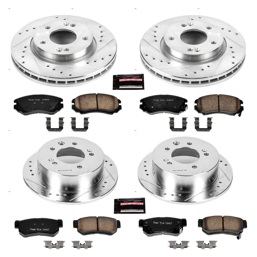 Power Stop K4442 Z23 Carbon Fiber Brake Pads Front and Rear with Drilled & Slotted Brake Rotors Kit For Hyundai Elantra 2007-2010 [Model Specific]