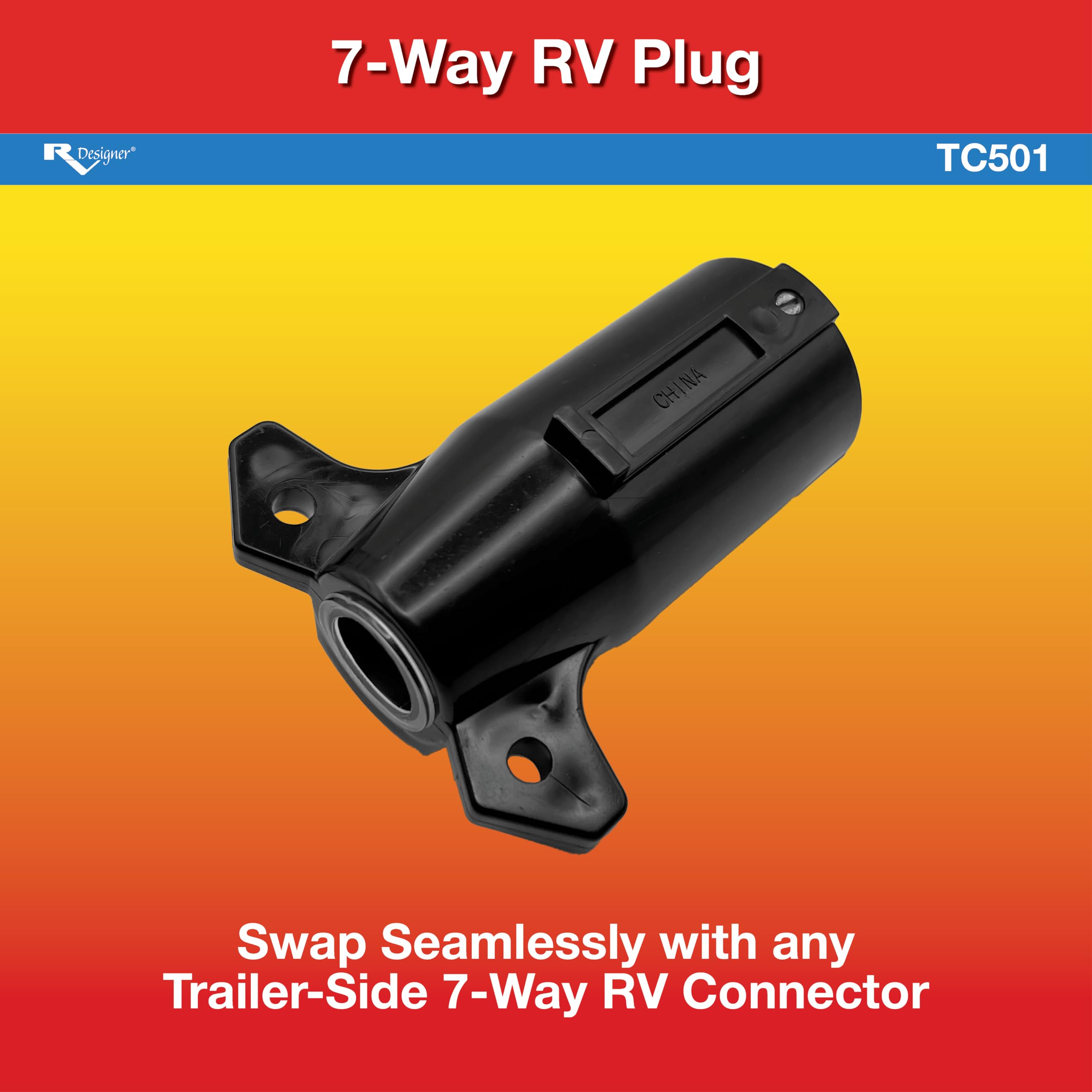 7-Way RV Blade Plug RV Designer TC501 – Trailer-Side Electrical Connector for RV, Camper, or Travel Trailer – Durable ABS Housing, Easy Wiring