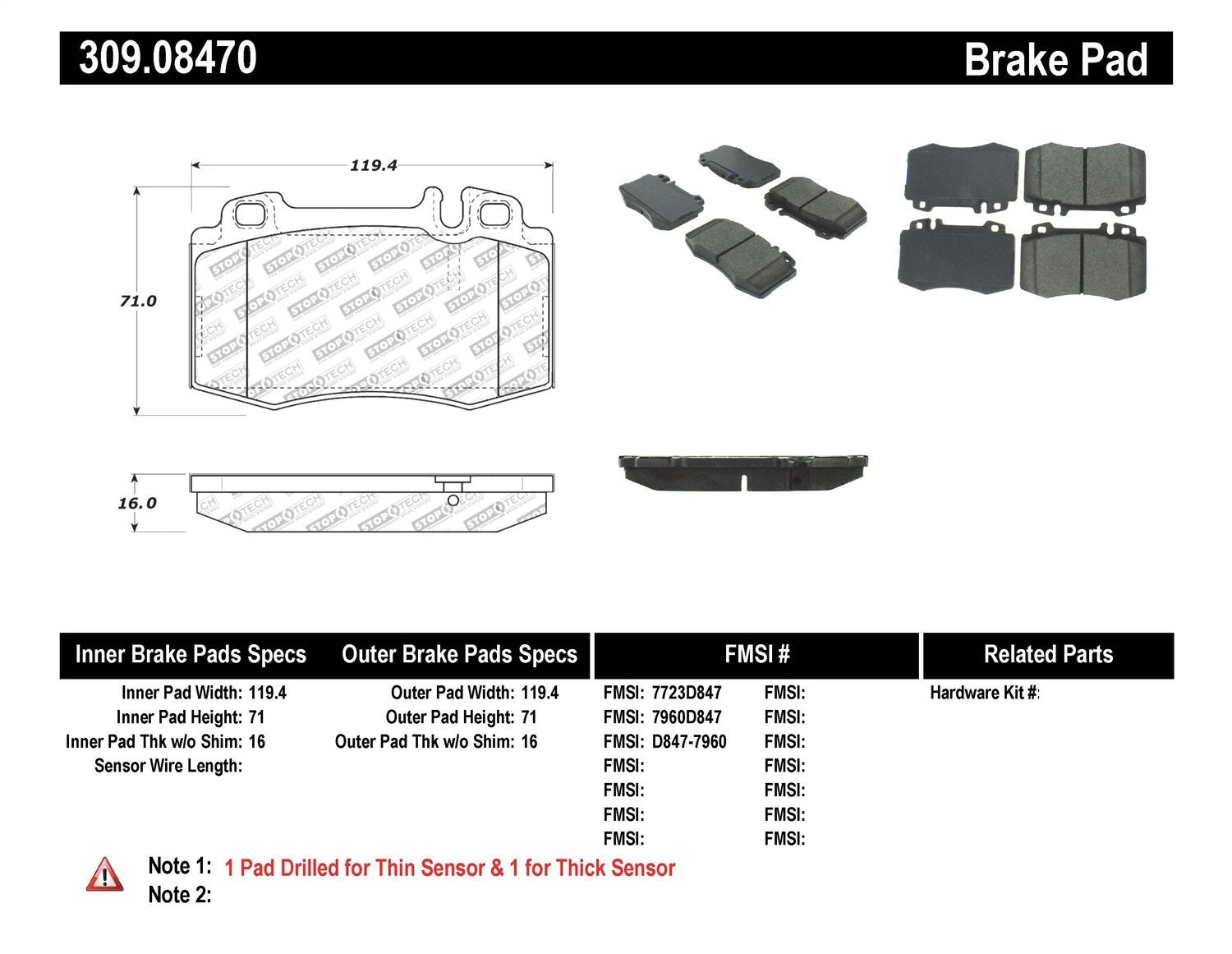 Sport Brake Pads StopTech 309.08470 with Shims and Hardware