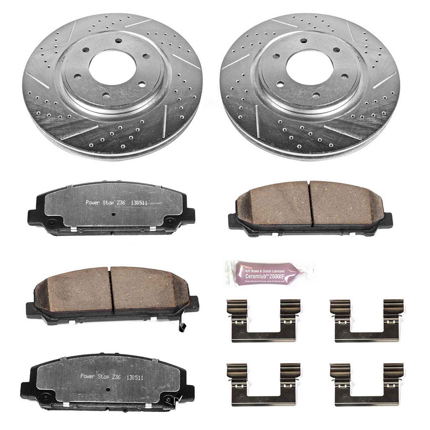 Power Stop Front Brake Kit For 2008 2009 2010 Nissan Armada 2007 2008 2009 2010 2011 Infiniti QX56 - Truck & Tow Carbon Fiber Ceramic Brake Pads & Drilled and Slotted Rotors Replacement, K2961-36