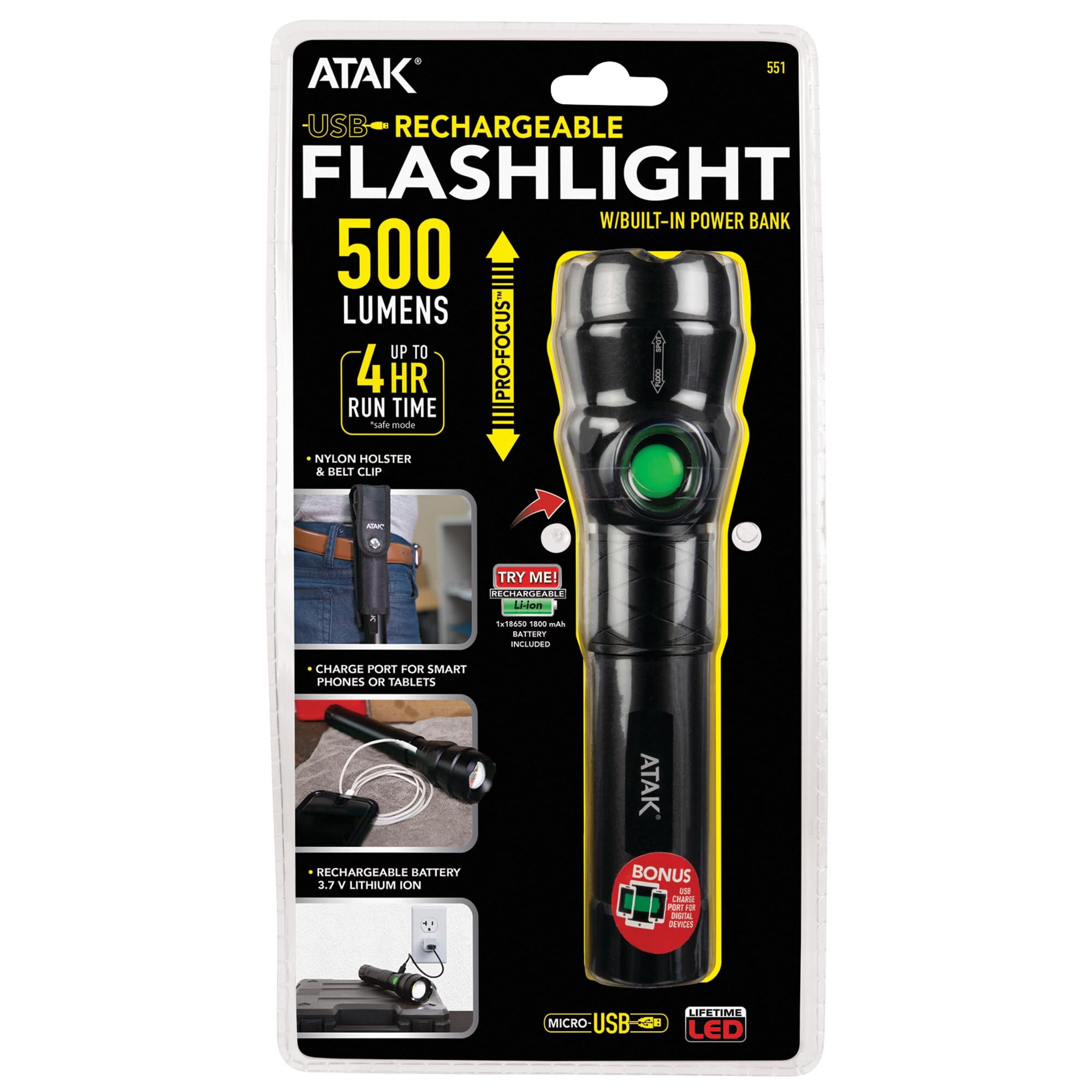 Black Performance Tool 551 Pro-Focus 500 lumens LED Lithium-Ion Rechargeable Flashlight, 500 lumens Flashlight Rechargeable