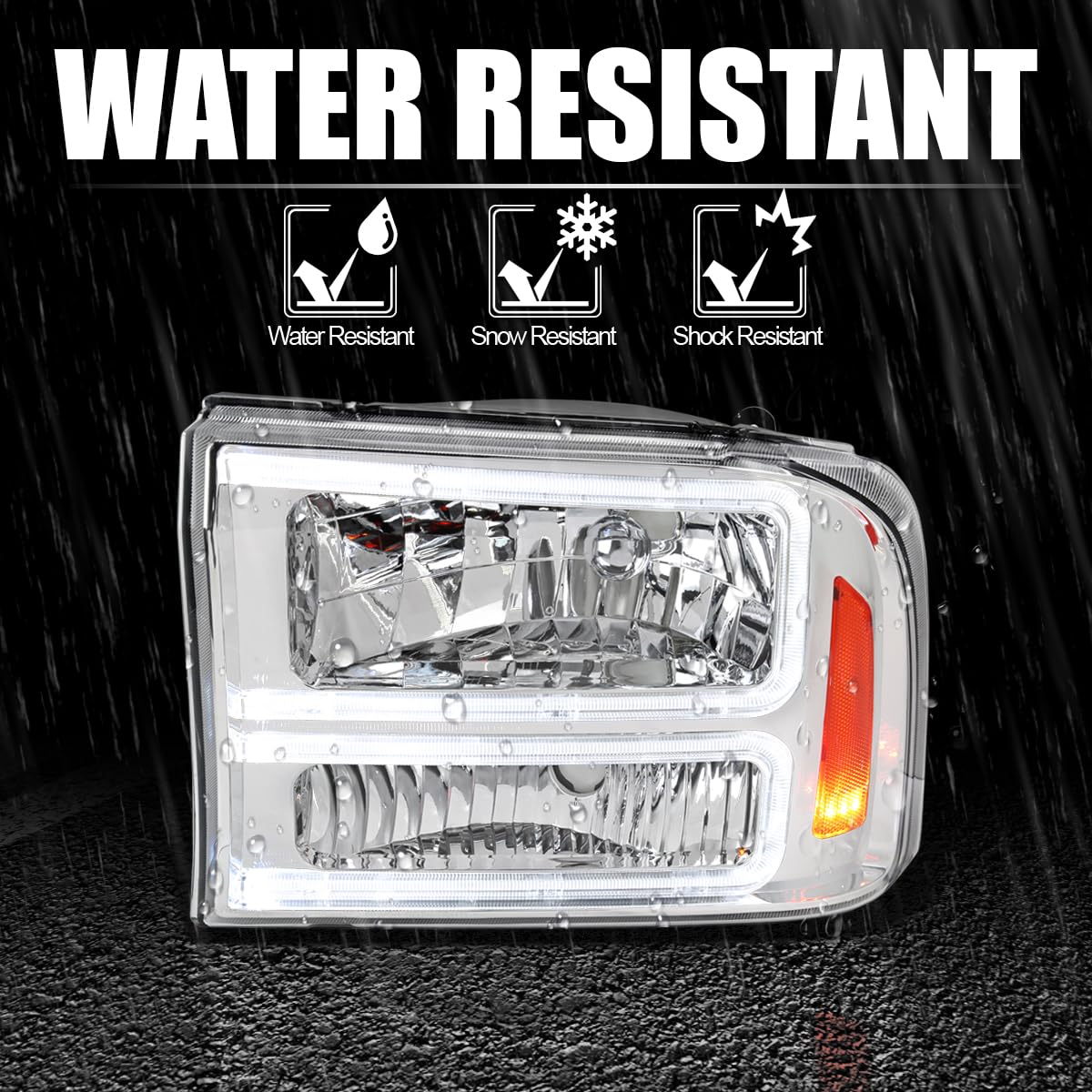 Chrome Headlights SPEC-D TUNING with LED Bar Compatible with 1999-2004 Ford F-250, F-350, F-450 SuperDuty, 2000-2004 Excursion, Left + Right Head Lights Assembly