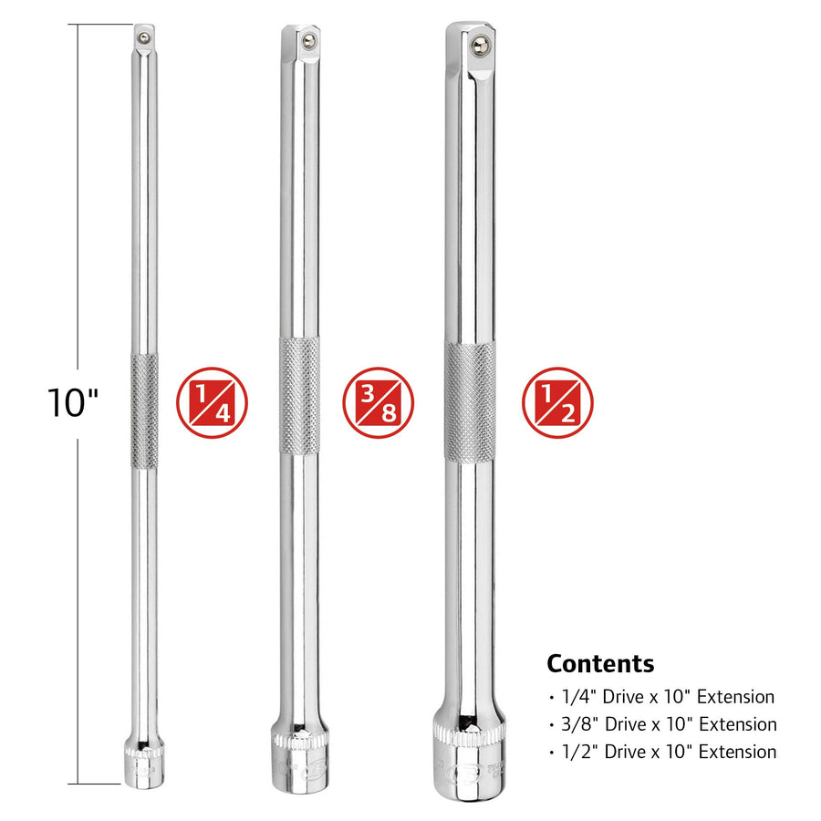 3-Piece Ingersoll Rand Extension Bar Set with Storage Tray, 10-Inch Chrome Vanadium Extensions in 1/4", 3/8", and 1/2" Drive with Reusable Storage Tray, Mirror-Polished Finish - 752056