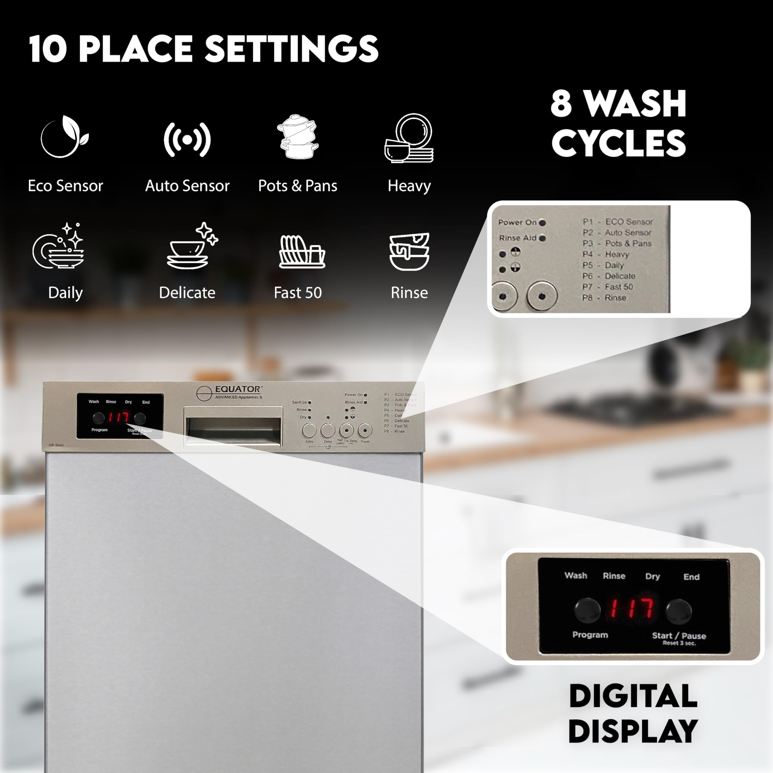 18 in Equator Dishwasher 10 place+Wine Rack 3.4g QUIET 51 dB 110V E-Star ADA in Silver