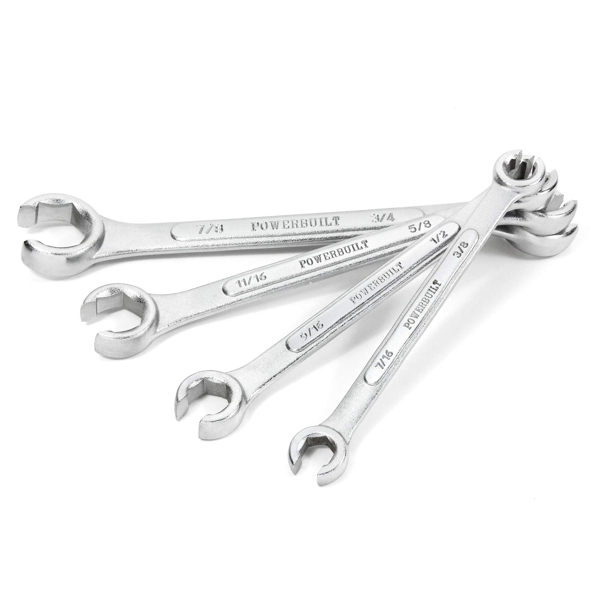 4 Piece Powerbuilt SAE Flare Nut Wrench Set, Size Includes 3/8" x 7/16", 1/2" x 9/16", 5/8" x 11/16", 3/4" x 7/8" Flare Nut Wrench, Chrome-Vanadium made - 640185