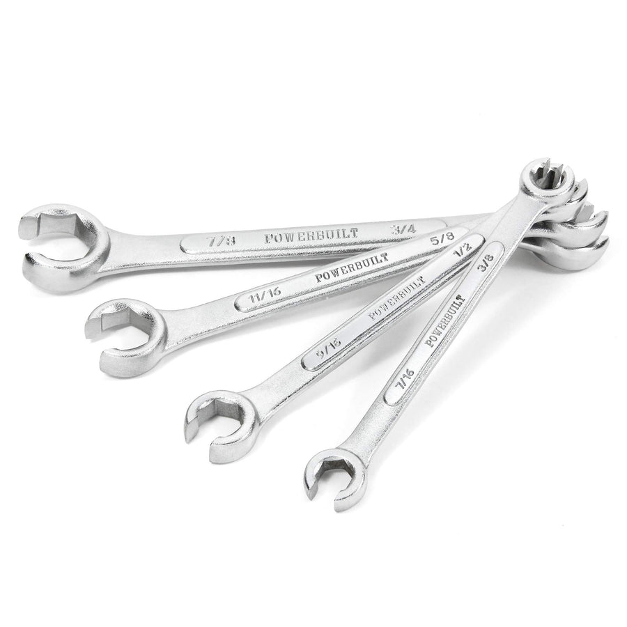 4 Piece Powerbuilt SAE Flare Nut Wrench Set, Size Includes 3/8" x 7/16", 1/2" x 9/16", 5/8" x 11/16", 3/4" x 7/8" Flare Nut Wrench, Chrome-Vanadium made - 640185