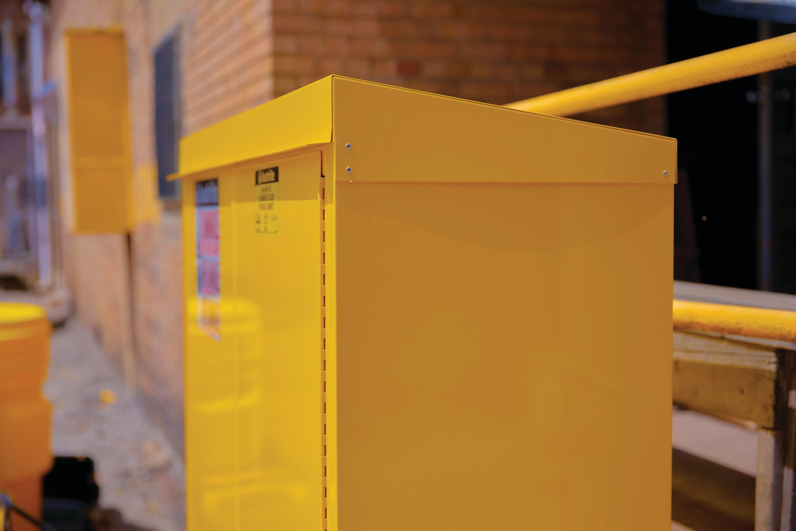 Justrite Outdoor Reinforced Steel Flammable Liquid Storage Cabinet, 2 Shelves with 350 lb. Capacity, 2 Self-Close Door Fire Cabinet, 30 Gallon, 44"x 43"x 18", Made in The USA, Yellow, 813020