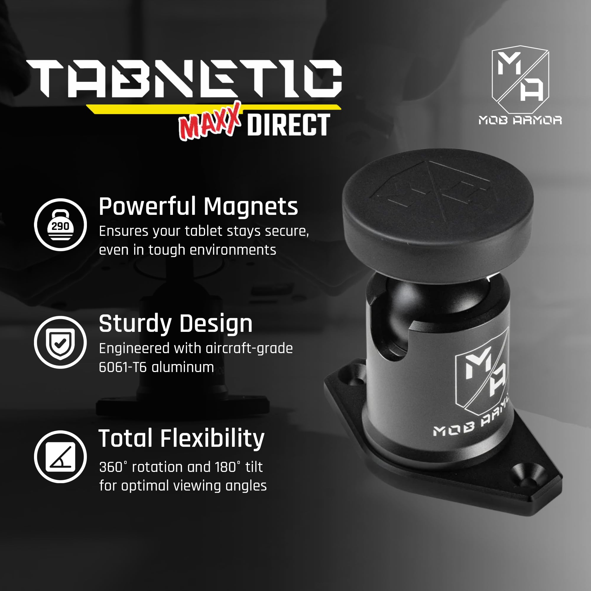 Mob Armor Maxx Tabnetic Direct Mount - Universal Magnetic Tablet Holder for iPad, Android, and Surface - Ideal for Home, Office & Vehicle Use with Flush Low-Profile Design & Bolt-On Installation