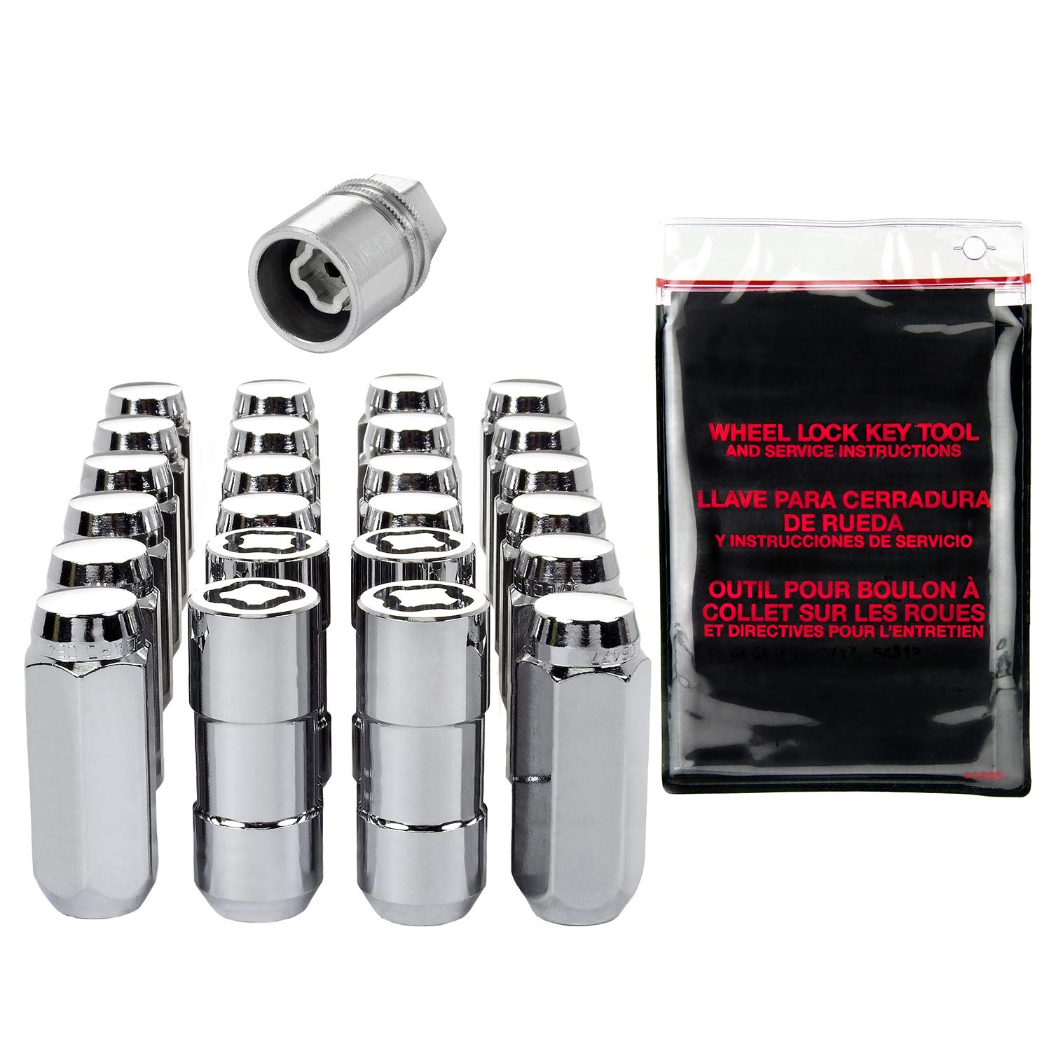 Chrome Cone Seat McGard Wheel Installation Kit (M14 x 2.0 Thread Size) - for 6 Lug Wheels, 20 Lug Nuts / 4 Locks / 1 Key / 1 Storage Pouch
