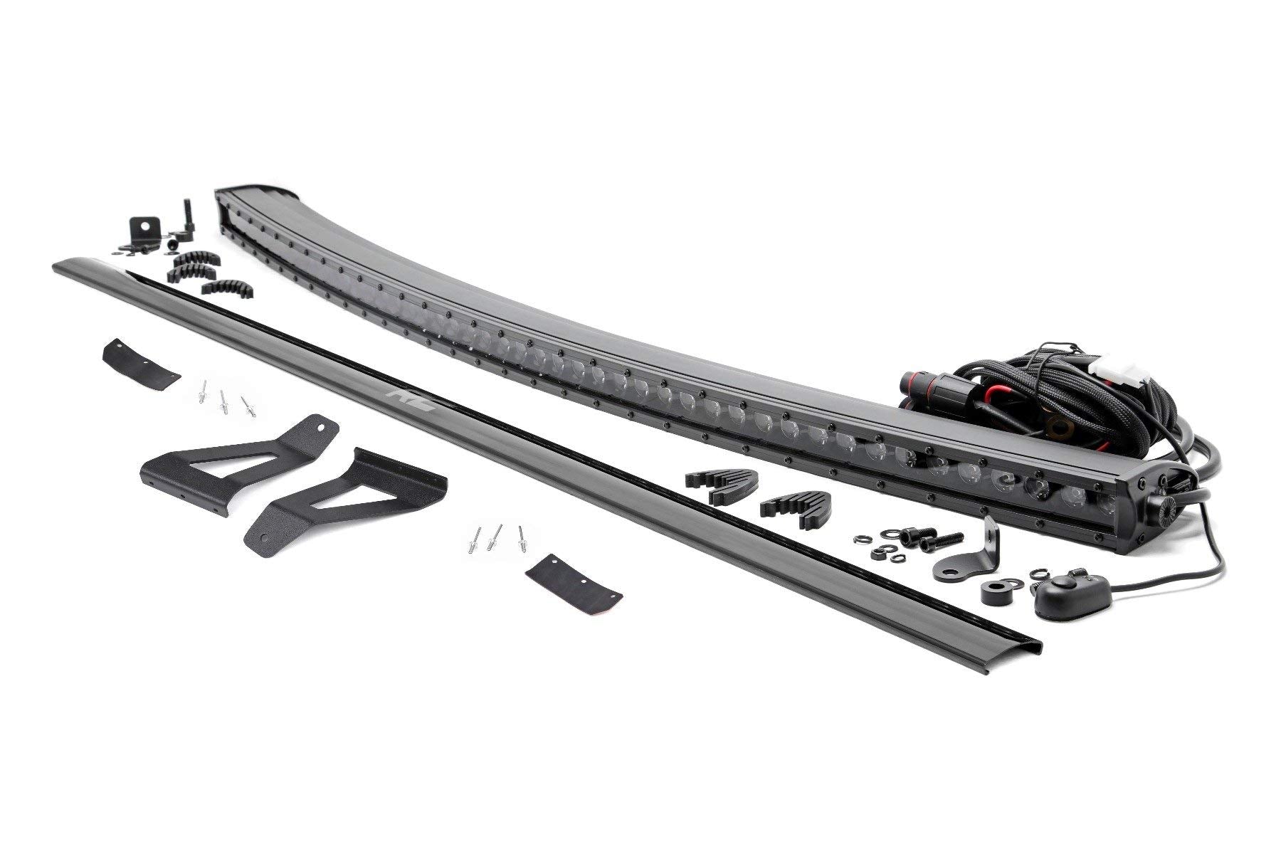 50-Inch Rough Country Curved LED Light Bar Kit for Jeep Cherokee XJ (1984-2001) – 240W, 19,200 Lumens, Spot Beam, Windshield Mounting Brackets