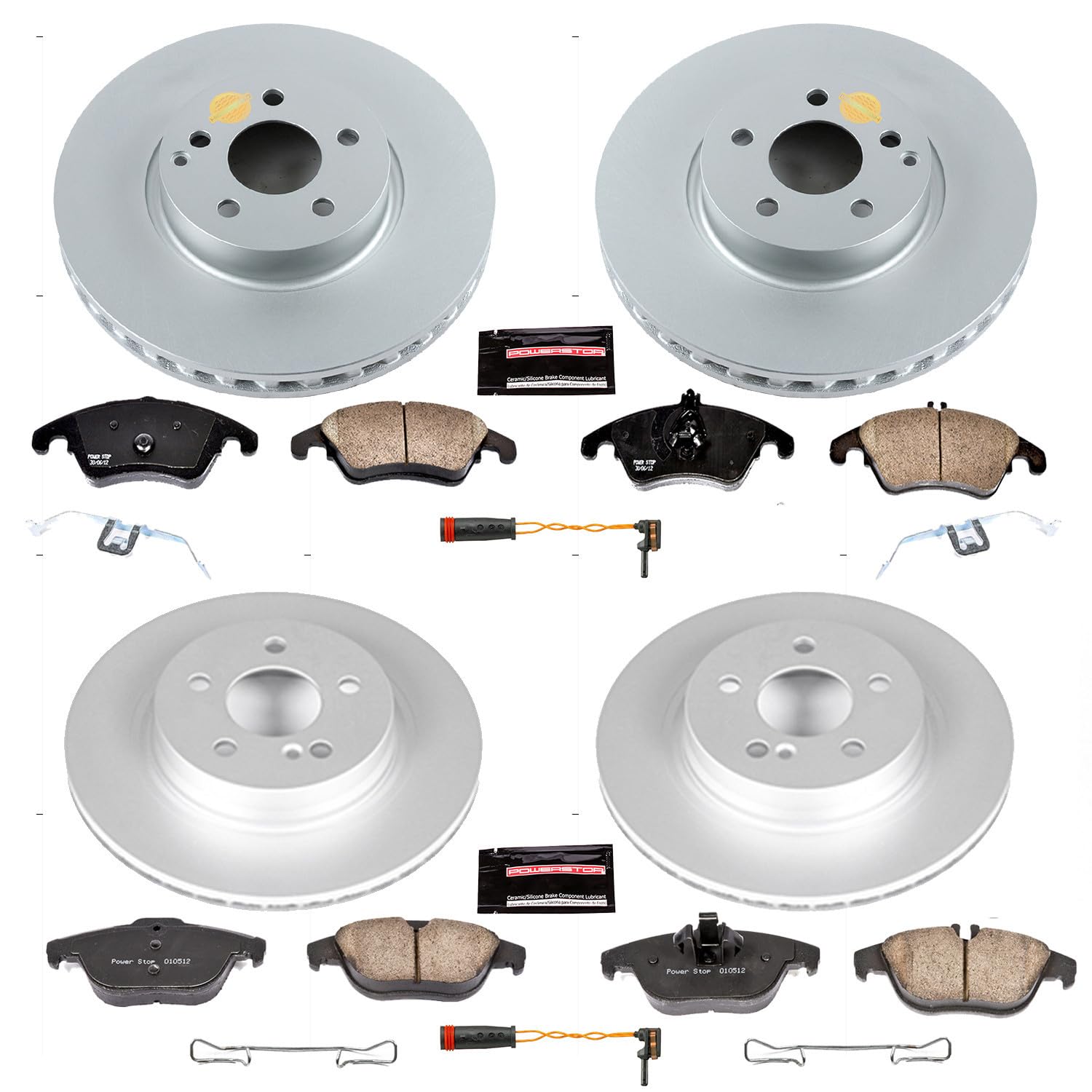 Power Stop Z23 Geomet Coated Brake Kit and 1 Front & 1 Rear Sensor Wires For Mercedes C300, C350, E350, E400 [Model Specific] Front and Rear