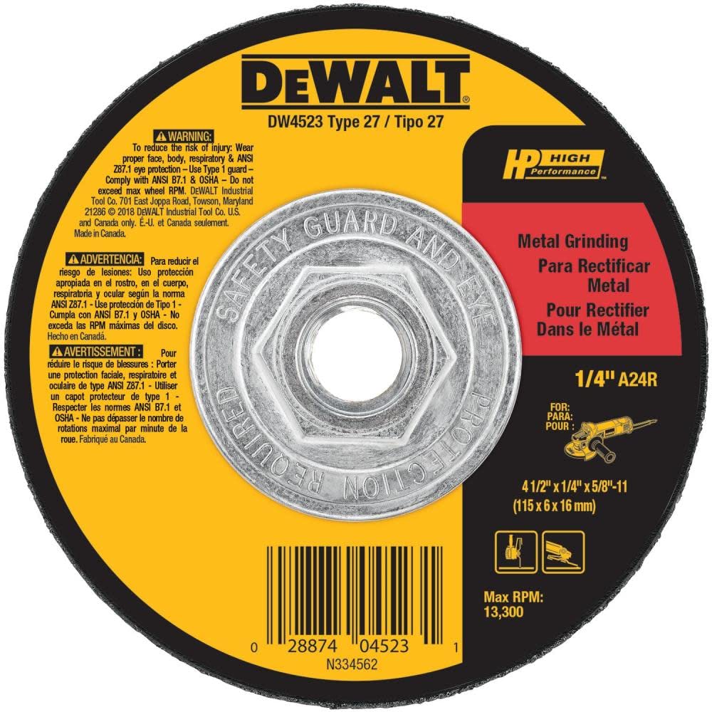DEWALT General Purpose Grinding Wheel for Metal, 4-1/2-Inch x 1/4-Inch x 5/8-Inch (DW4523)