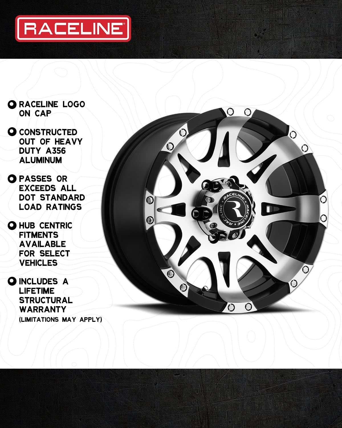 16X8"8X165.1 Bolt Pattern Raceline Wheels 982 RAPTOR Wheel Mirror/Black 0mm Offset/(4.5"B/S) 8 Spoke Aluminum Passenger Car Wheels, Full Size Replacement Black Car Rims