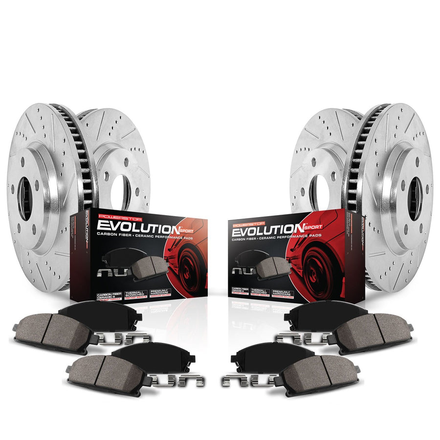 Power Stop K7384 Z23 Carbon Fiber Brake Pads with Front and Rear Drilled & Slotted Brake Rotors Kit