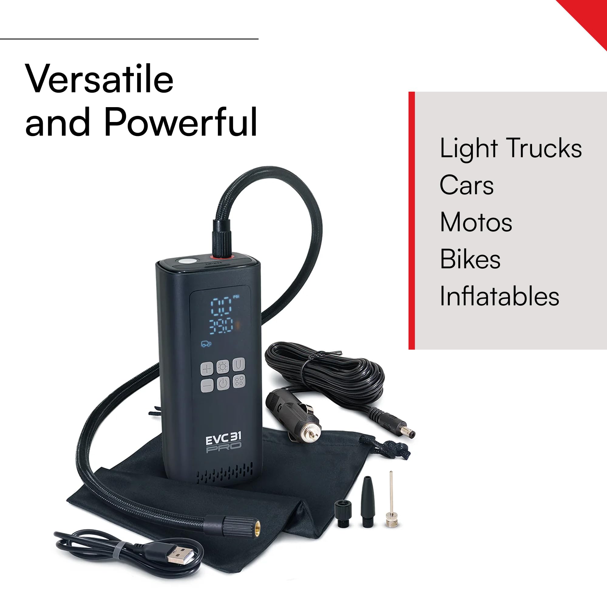 Every Vehicle Carry Viair EVC31 PRO - rechargeable, portable air compressor, dual power source, LED gauge w/preset - Tire Inflator Ideal for LT truck & suv's, cars, motorcycles, & E-bikes