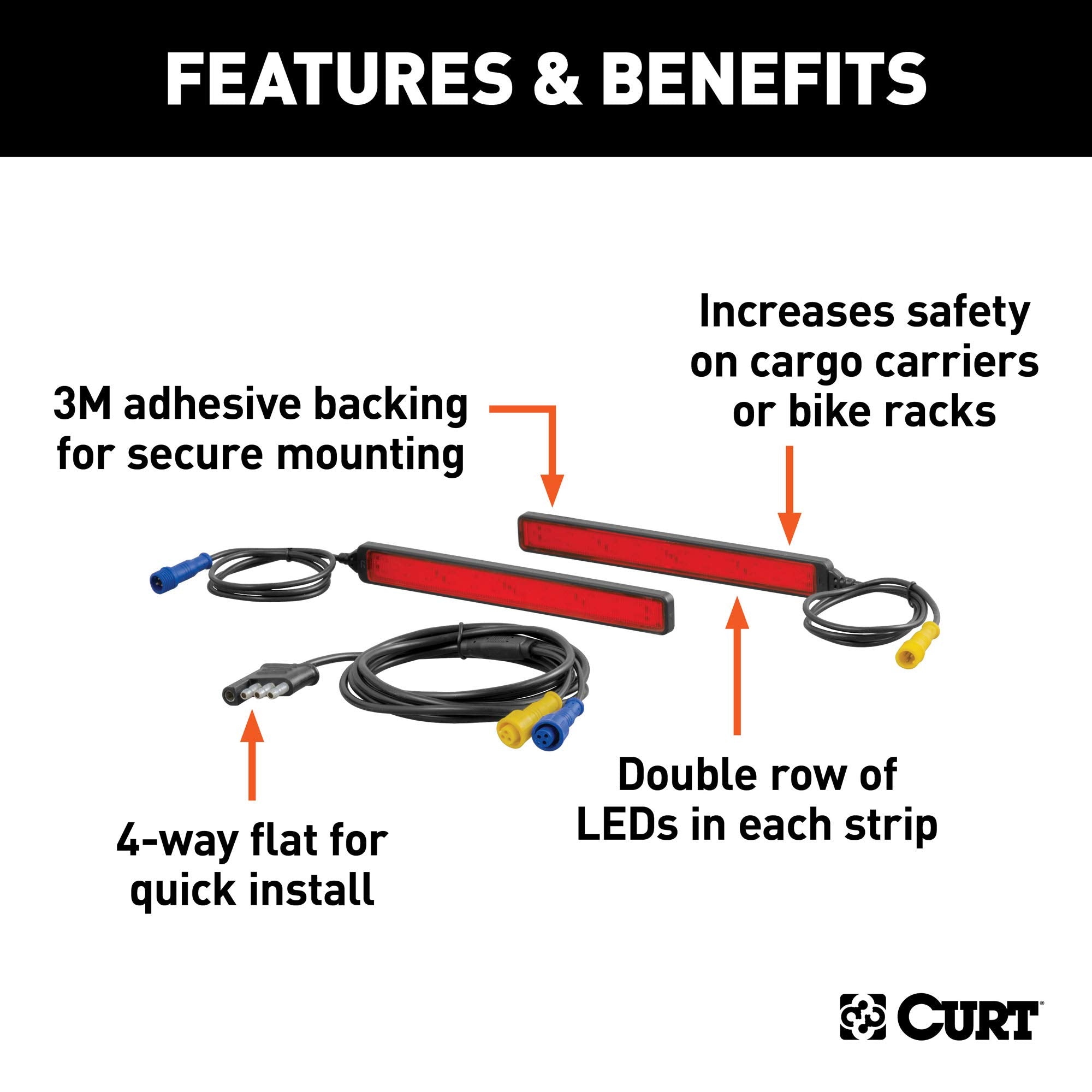 CURT Auxiliary Automotive LED Light Strips for Cargo Carrier Hitch, Bike Rack, 2-Pack