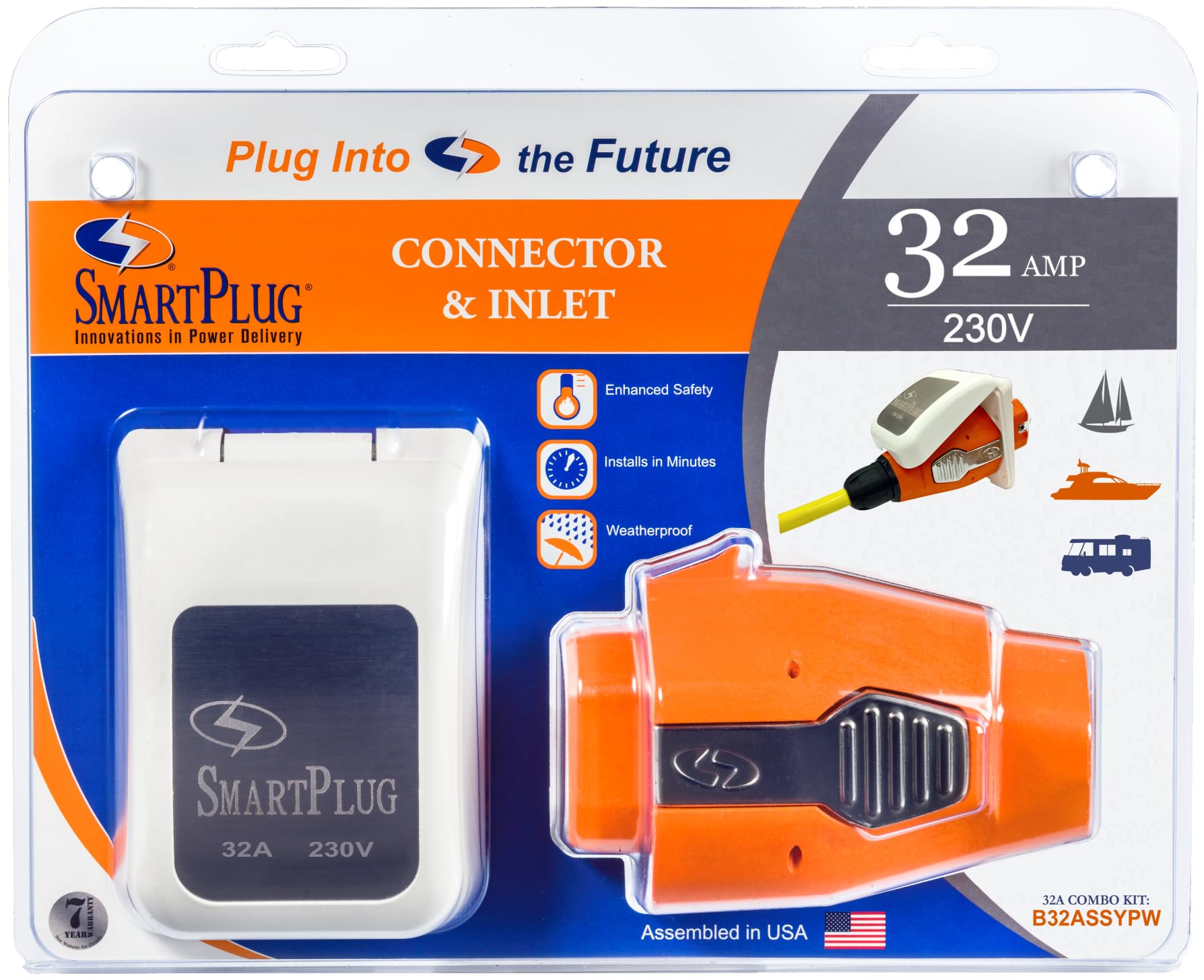 32 Amp SmartPlug B32ASSYPW Shore Power Combo Kit – Weatherproof RV Power Inlet & Connector for Camper, Trailer, Boat – Marine Amp Cord, Extension Plug, Travel & Camping Essentials, RV Accessories