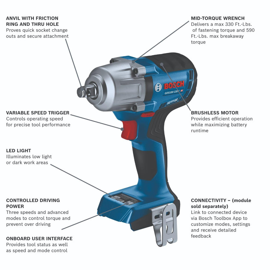 18V BOSCH GDS18V-330CN Brushless Cordless Connected-Ready 1/2 In. Mid-Torque Impact Wrench with Friction Ring and Thru-Hole (Bare Tool)