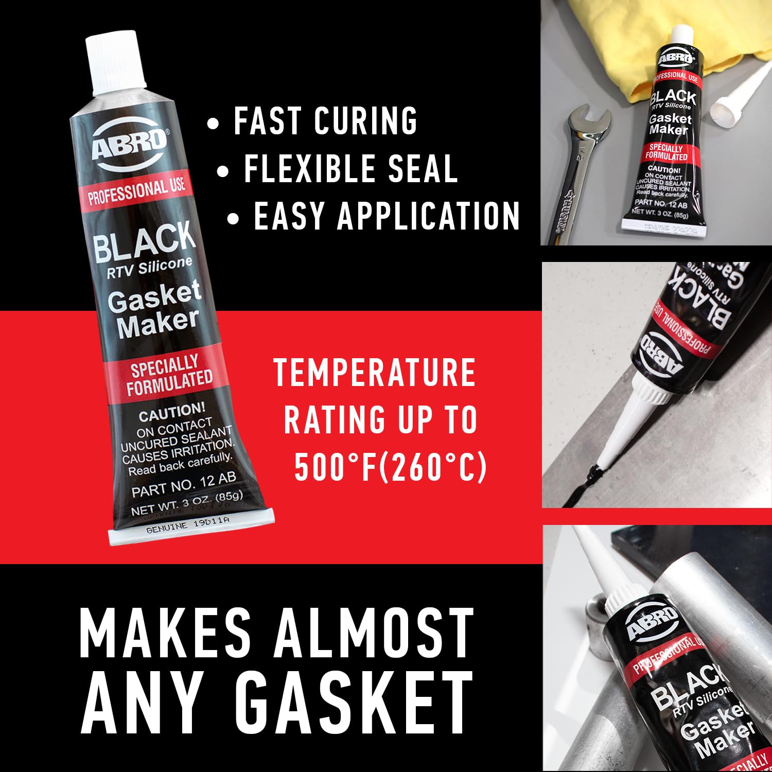 RTV Silicone Sealant and Gasket Maker ABRO: Up to 500 Degree F Heat, High Temp Silicone Sealant, 3 oz/85g Tube - Black