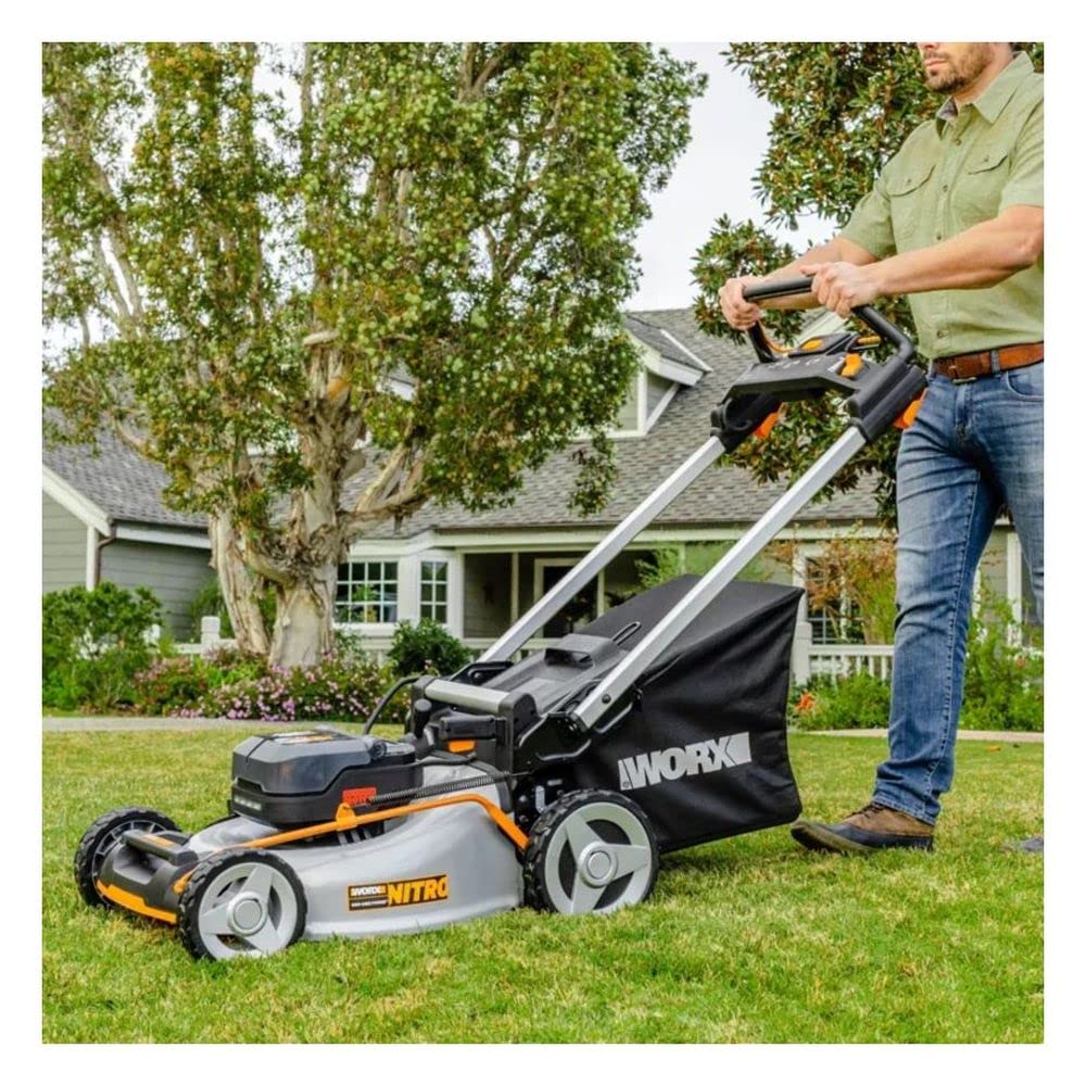 21" Worx Cordless Lawn Mower, 3 in 1 Electric Mower with Brushless Motor, Self-Propelled Lawn Mower with 7-Position Height Adjustment, 2 × 5.0 Ah Batteries & Charger Included, WG753