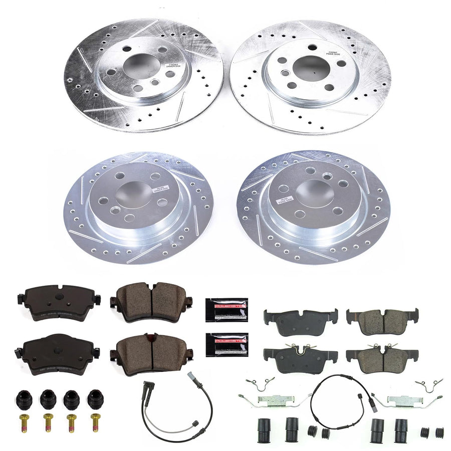 Power Stop K8105 Z23 Carbon Fiber Brake Pads Front and Rear with Drilled & Slotted Brake Rotors Kit For Mini Cooper Clubman 2016-2019 [Model Specific]