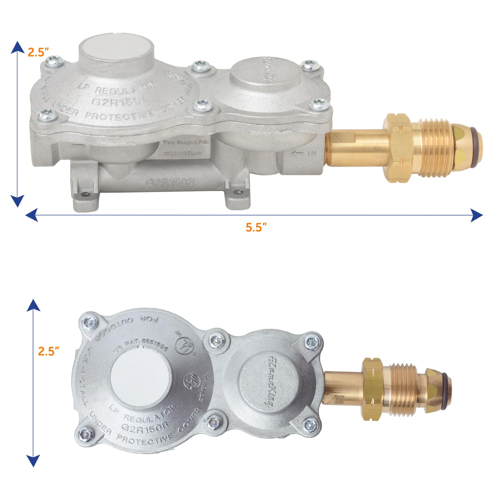 160,000 BTU Flame King Horizontal Mounted 2-Stage Propane LP Regulator with POL for RVs, Vans, Trailers, Campers, 100LB Tanks, ASME Tanks, Generators