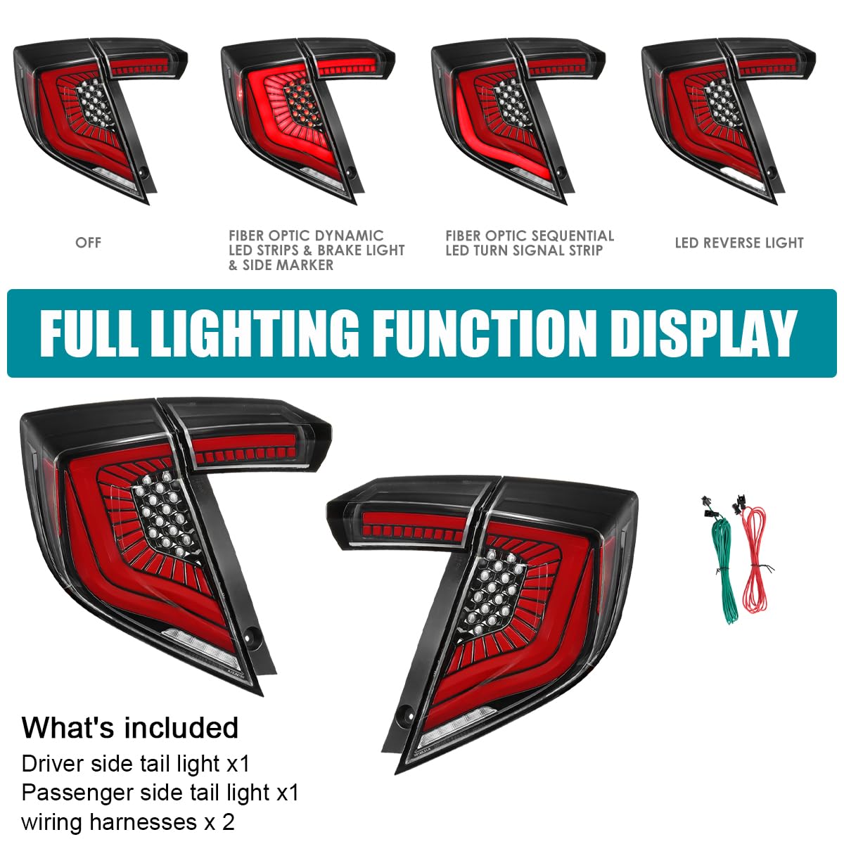 Jet Black LED Tail Lights SPEC-D TUNING w/LED Sequential Turn Signals Compatible with 2017-2021 Honda Civic Hatchback, Left + Right Pair Headlamp Assembly