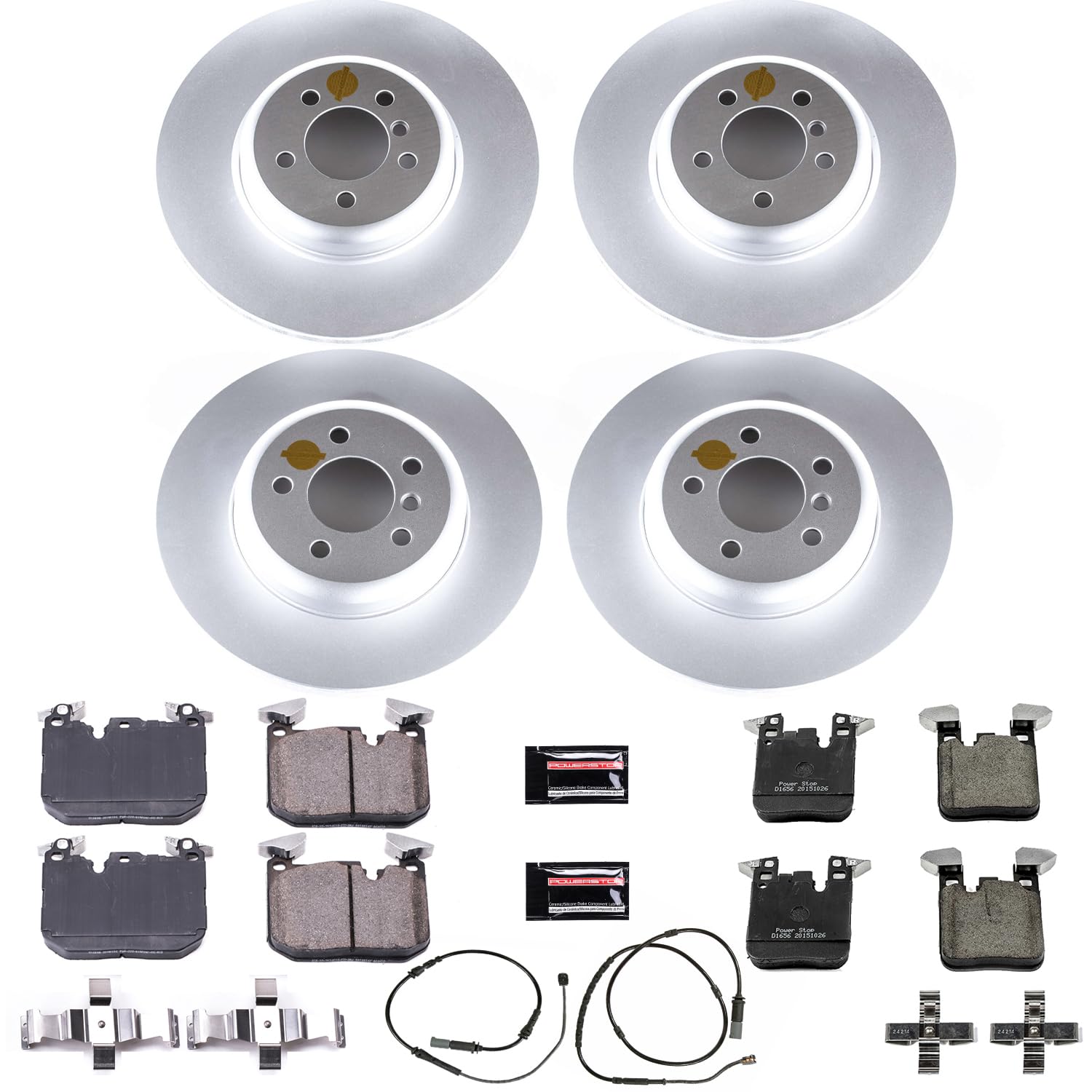Power Stop CRK7436 Brake Kit Front and Rear Coated Rotor - Coated Brake Rotors & Z23 Carbon-Fiber Ceramic Brake Pads and 1 Front & 1 Rear Sensor Wires
