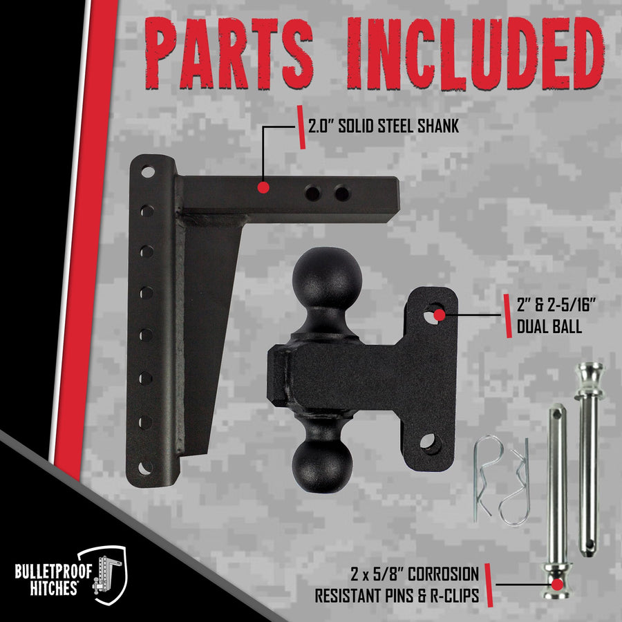 2.0" BulletProof Hitches Adjustable Heavy Duty Trailer Hitch (22,000 lb. Rating) - 10" Drop/Rise Trailer Hitch with 2" & 2-5/16" Dual Ball - Powder Coat, Solid Steel, Corrosion-Resistant