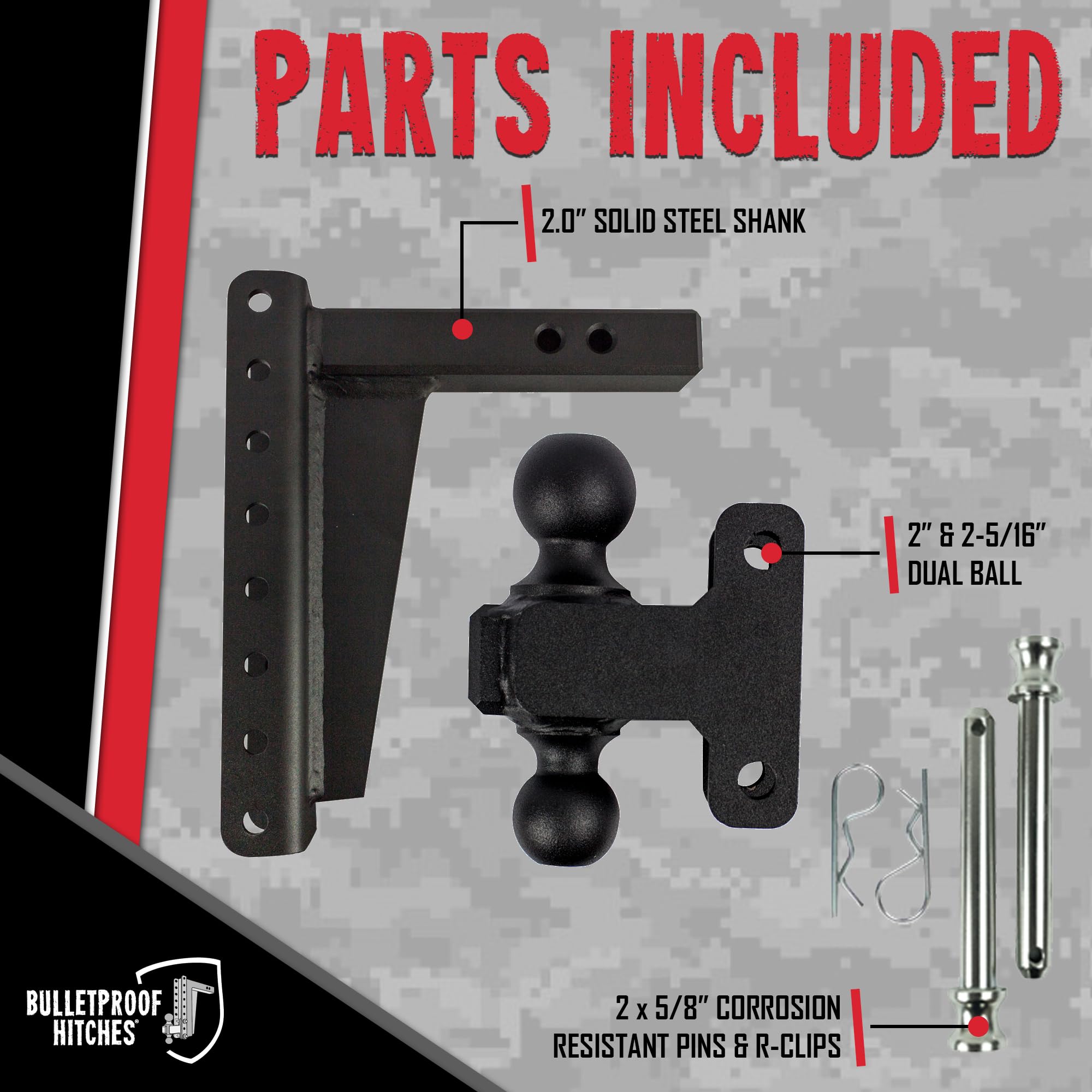 2.0" BulletProof Hitches Adjustable Heavy Duty Trailer Hitch (22,000 lb. Rating) - 10" Drop/Rise Trailer Hitch with 2" & 2-5/16" Dual Ball - Powder Coat, Solid Steel, Corrosion-Resistant