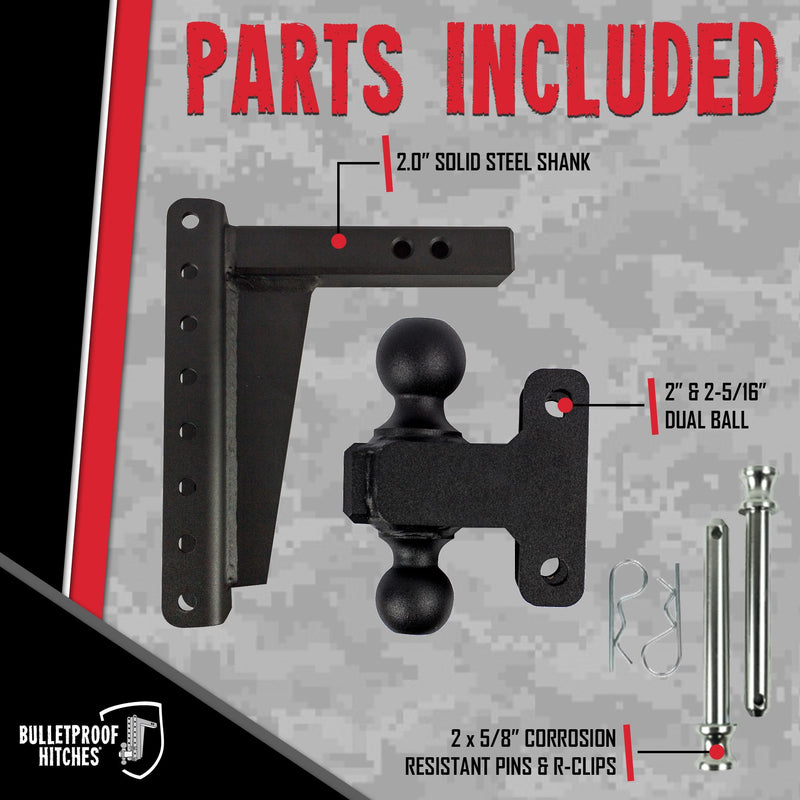 2.0" BulletProof Hitches Adjustable Heavy Duty Trailer Hitch (22,000 lb. Rating) - 10" Drop/Rise Trailer Hitch with 2" & 2-5/16" Dual Ball - Powder Coat, Solid Steel, Corrosion-Resistant