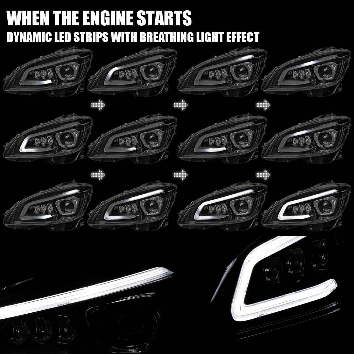 Full LED Projector Headlights SPEC-D TUNING w/Sequential Turn Signal Compatible with 2008-2011 Mercedes Benz W204 C-Class, Left + Right Pair Headlamps Assembly