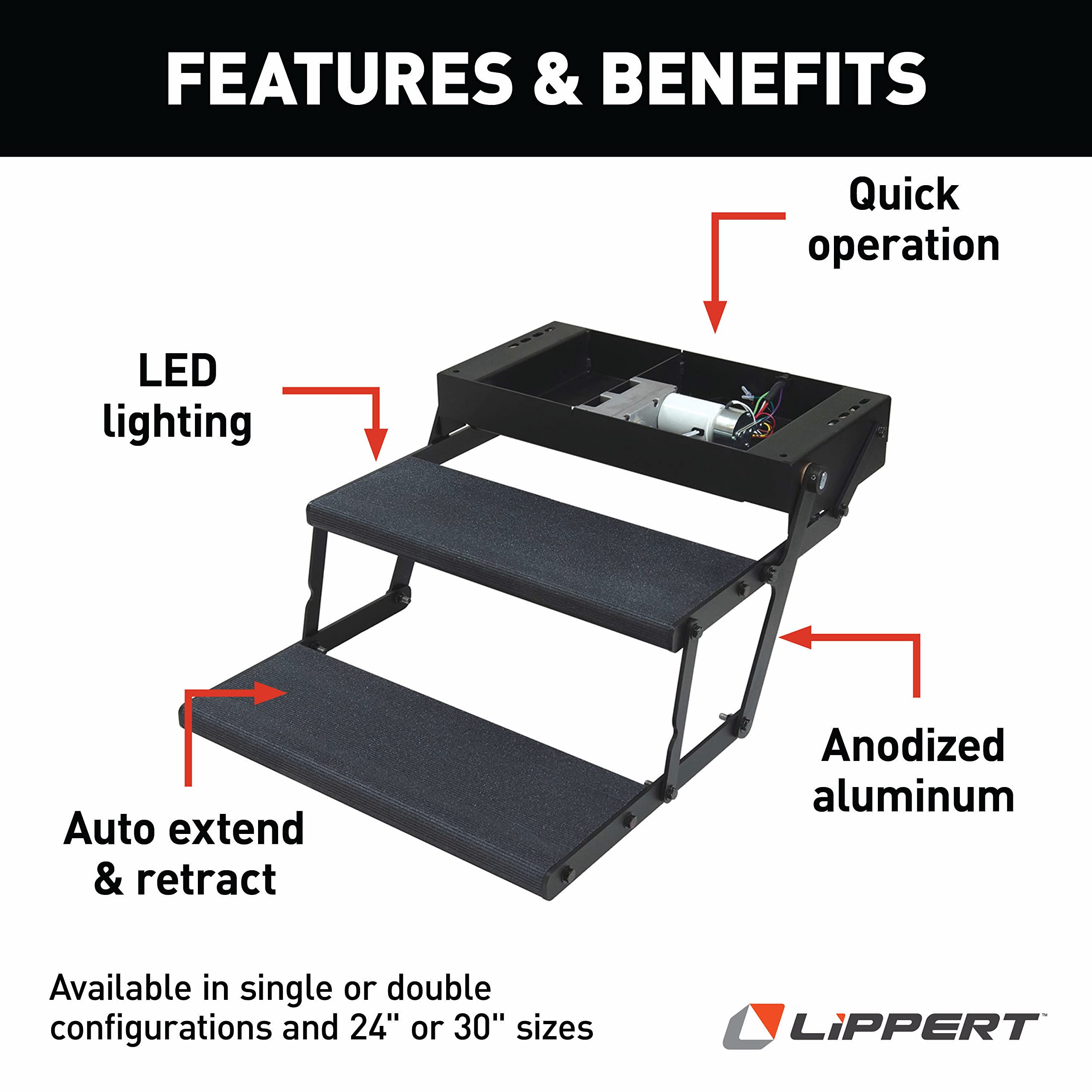 Tread Lite Lippert Components RV Power Steps - 24" Double Electric Foldout Step Configuration with LED Lighting, 8.5" Rise and Depth, Anti-Slip Coated Stepping Surface, Automatically Retracts - 353543