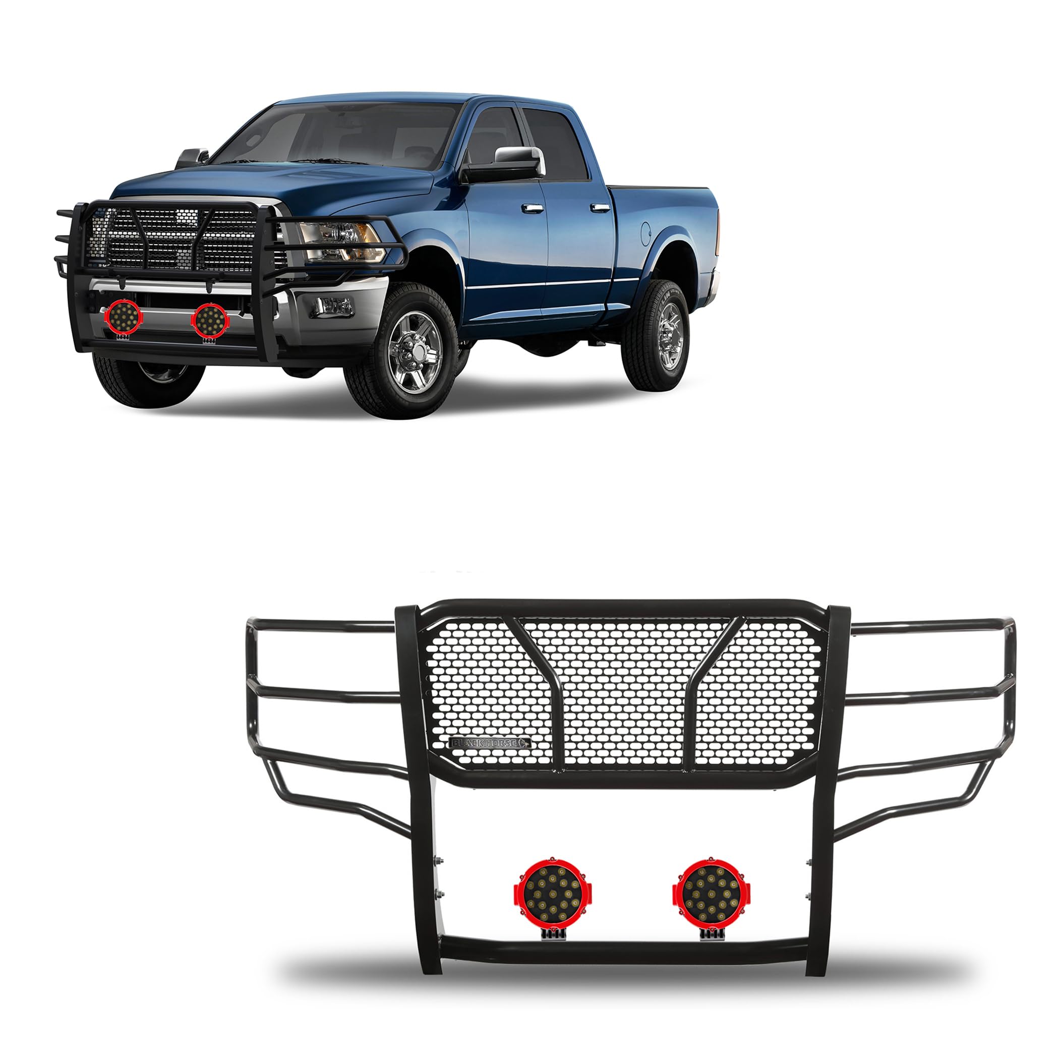 Heavy Duty Black Horse Rugged Grille Brush Bumper Guard Modular Black Come with Pair of 7.0" LED Lights with Red Trim Rings Compatible with 2010-2018 Dodge Ram 2500/3500-RU-DORA10-B-PLR